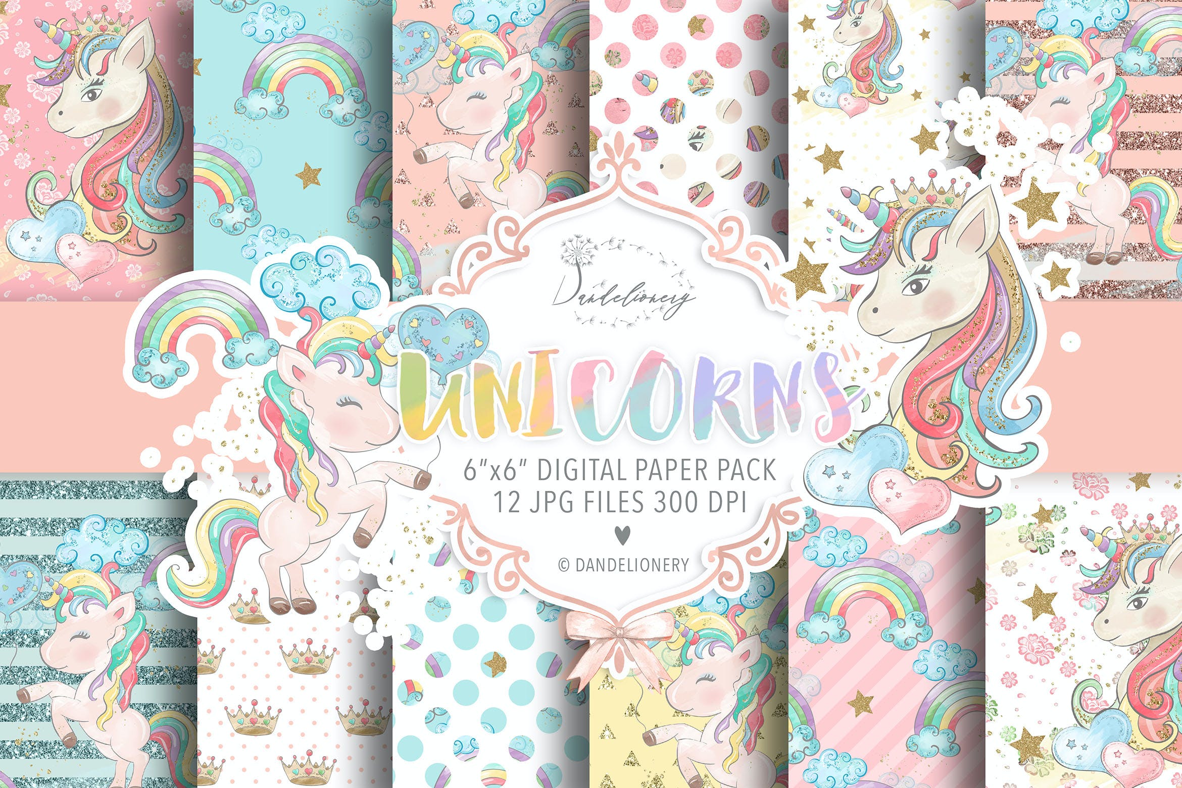 水彩独角兽数码纸张图案设计素材  Watercolor Unicorns II. digital paper pack