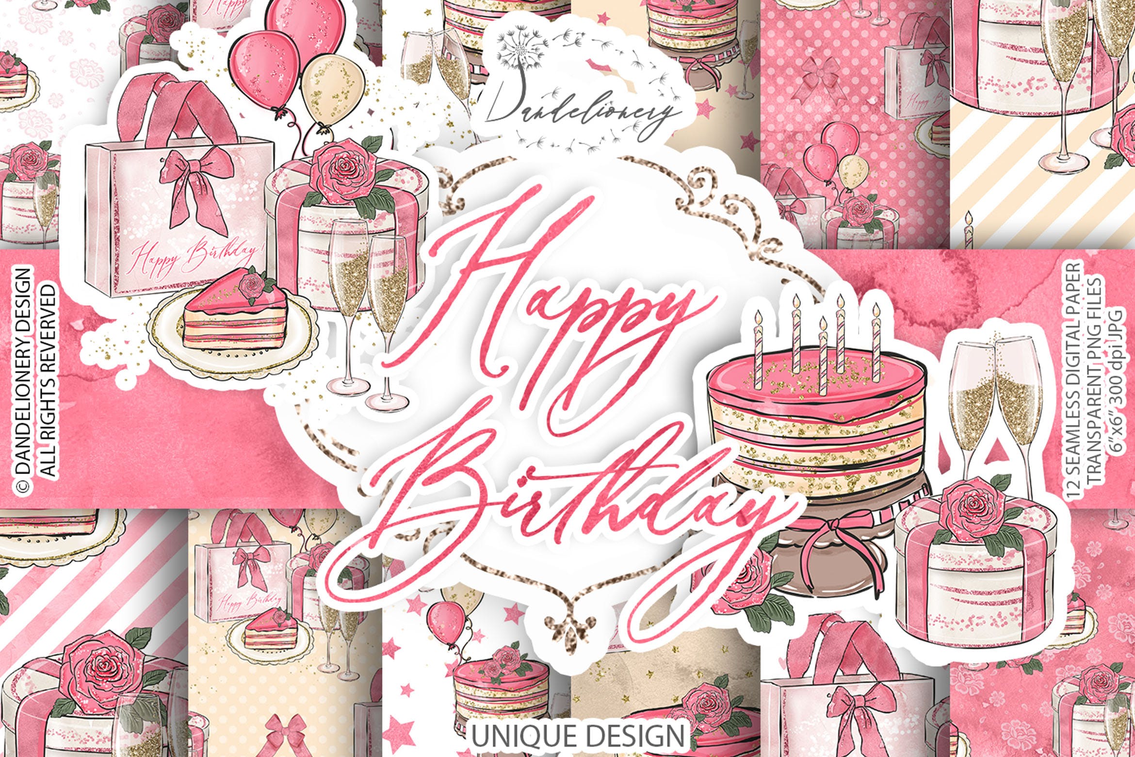 女孩生日主题水彩数码纸图案设计素材 Birthday Girl digital paper pack