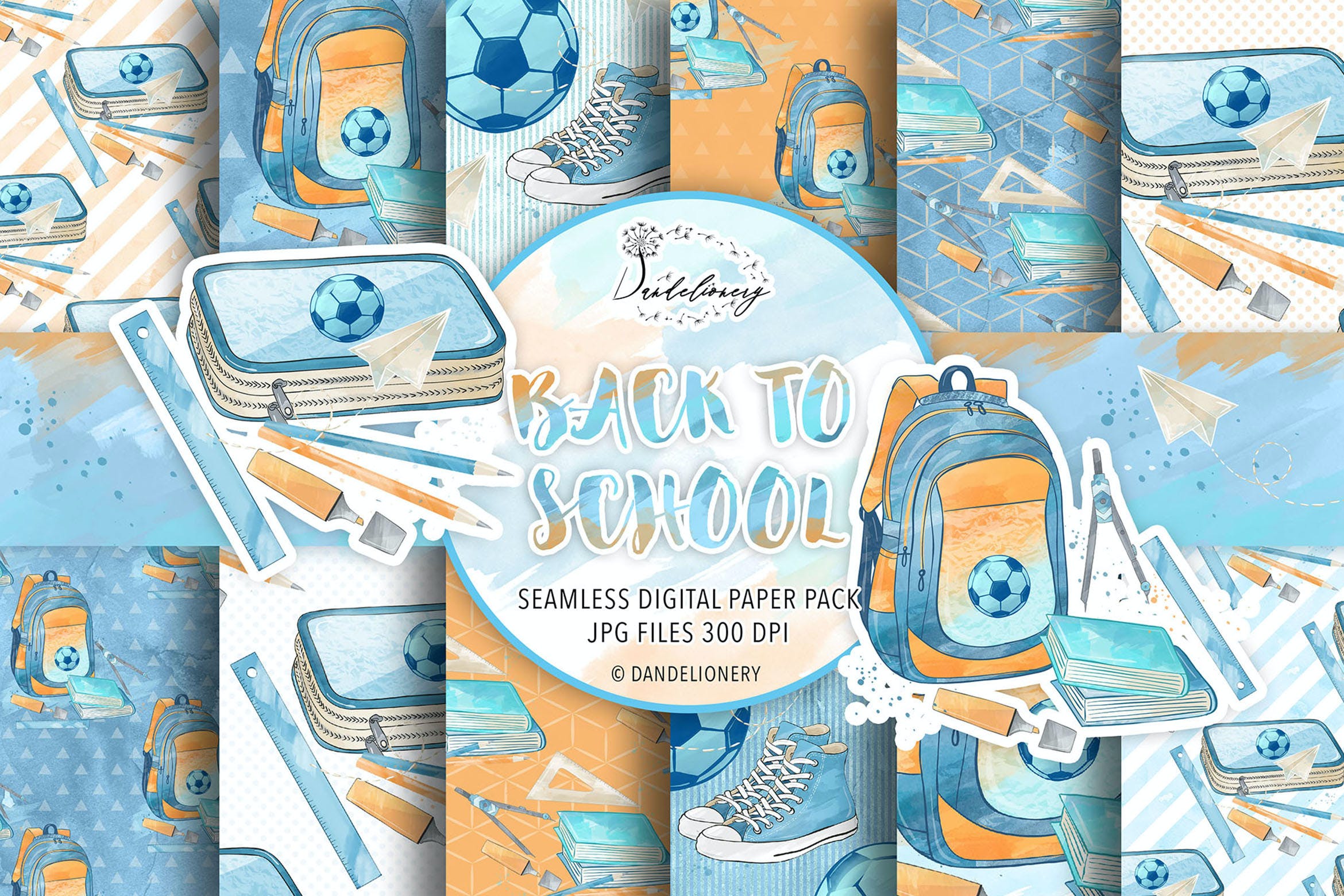 开学季主题男孩蓝色数码纸背景素材 Back to School Boys digital paper pack