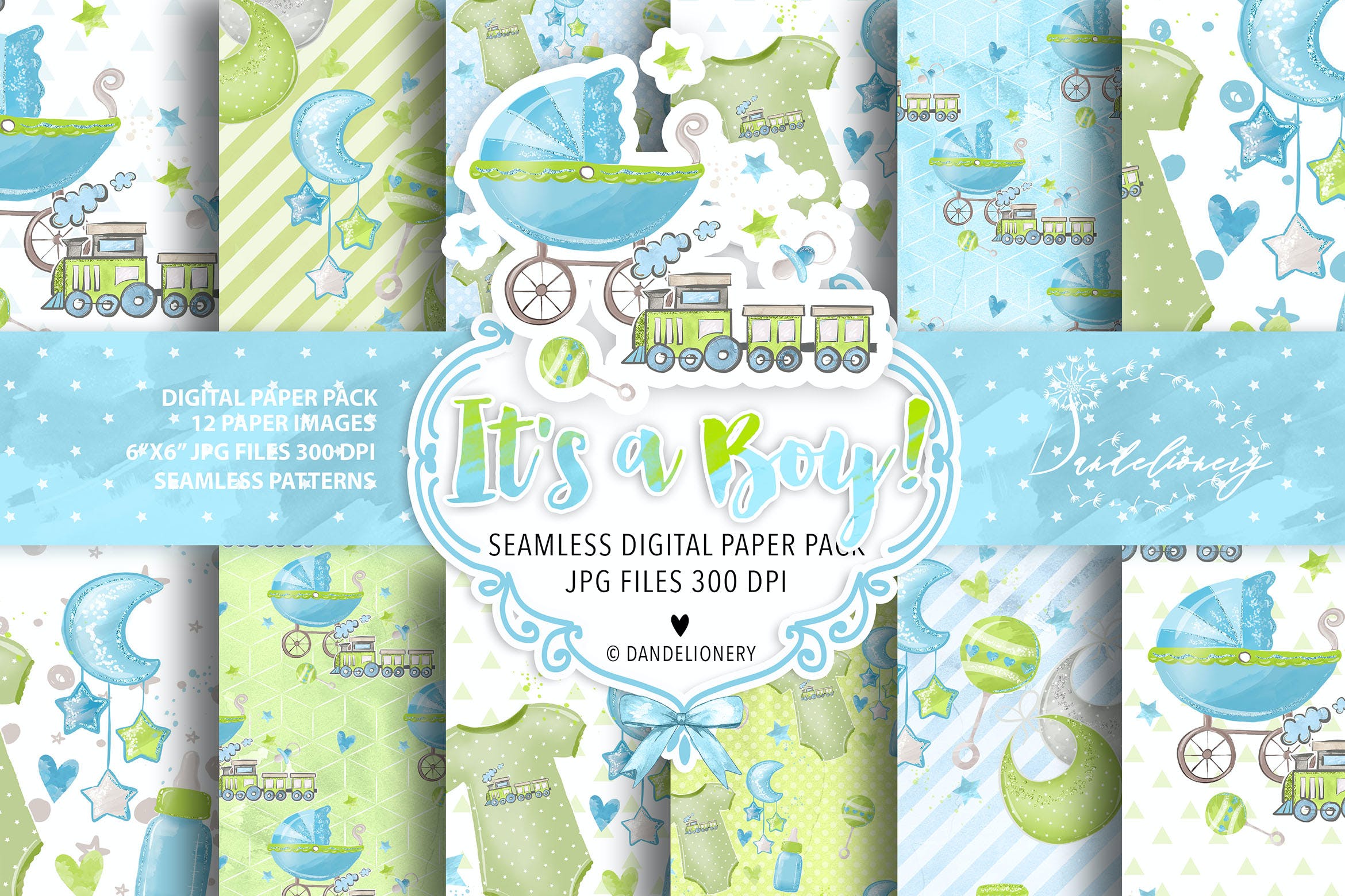 蓝绿配色风格新生儿男孩水彩数码纸图案素材 It’s a Boy! digital paper pack