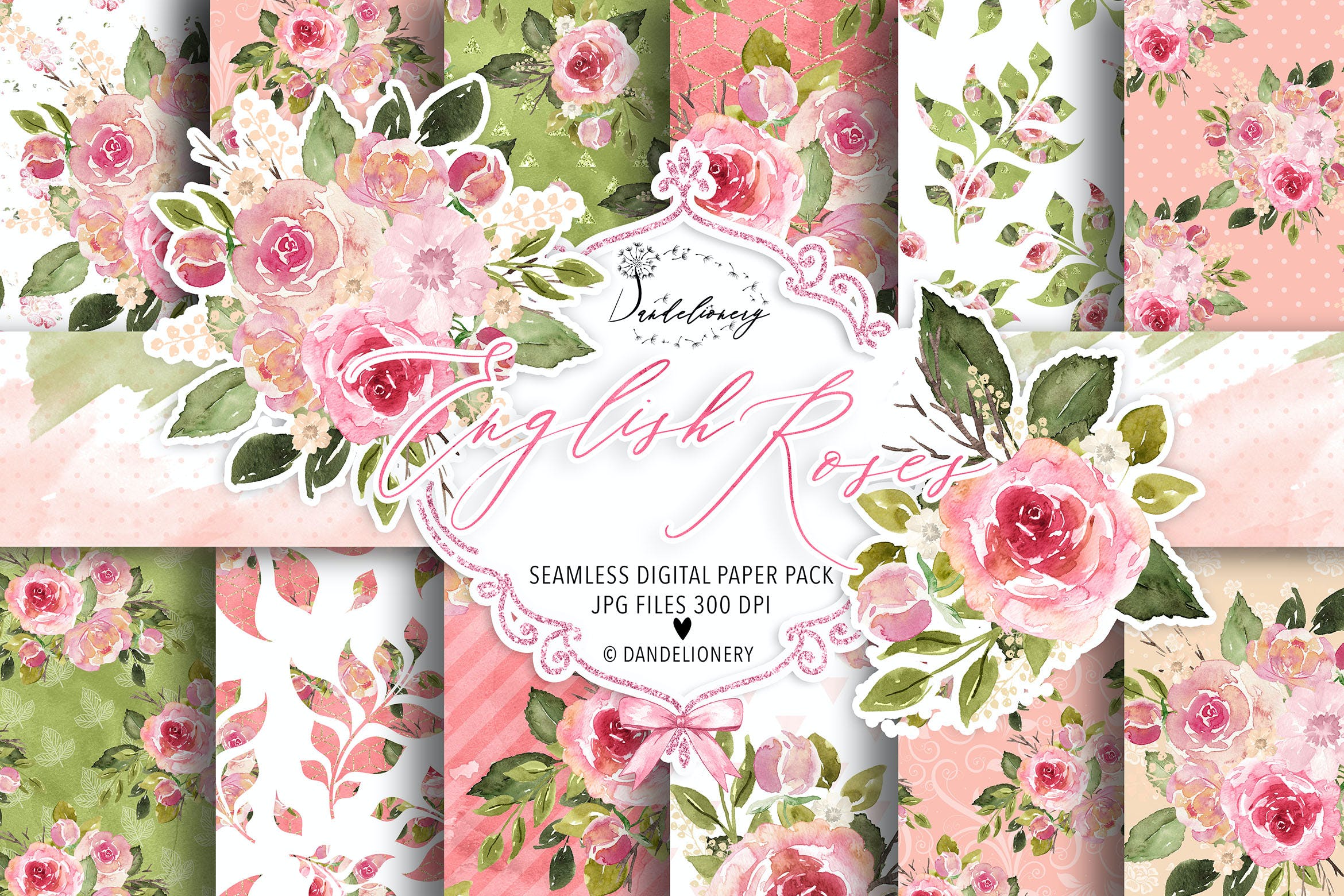 水彩英国玫瑰数码纸图案设计素材 Watercolor English Roses digital paper pack