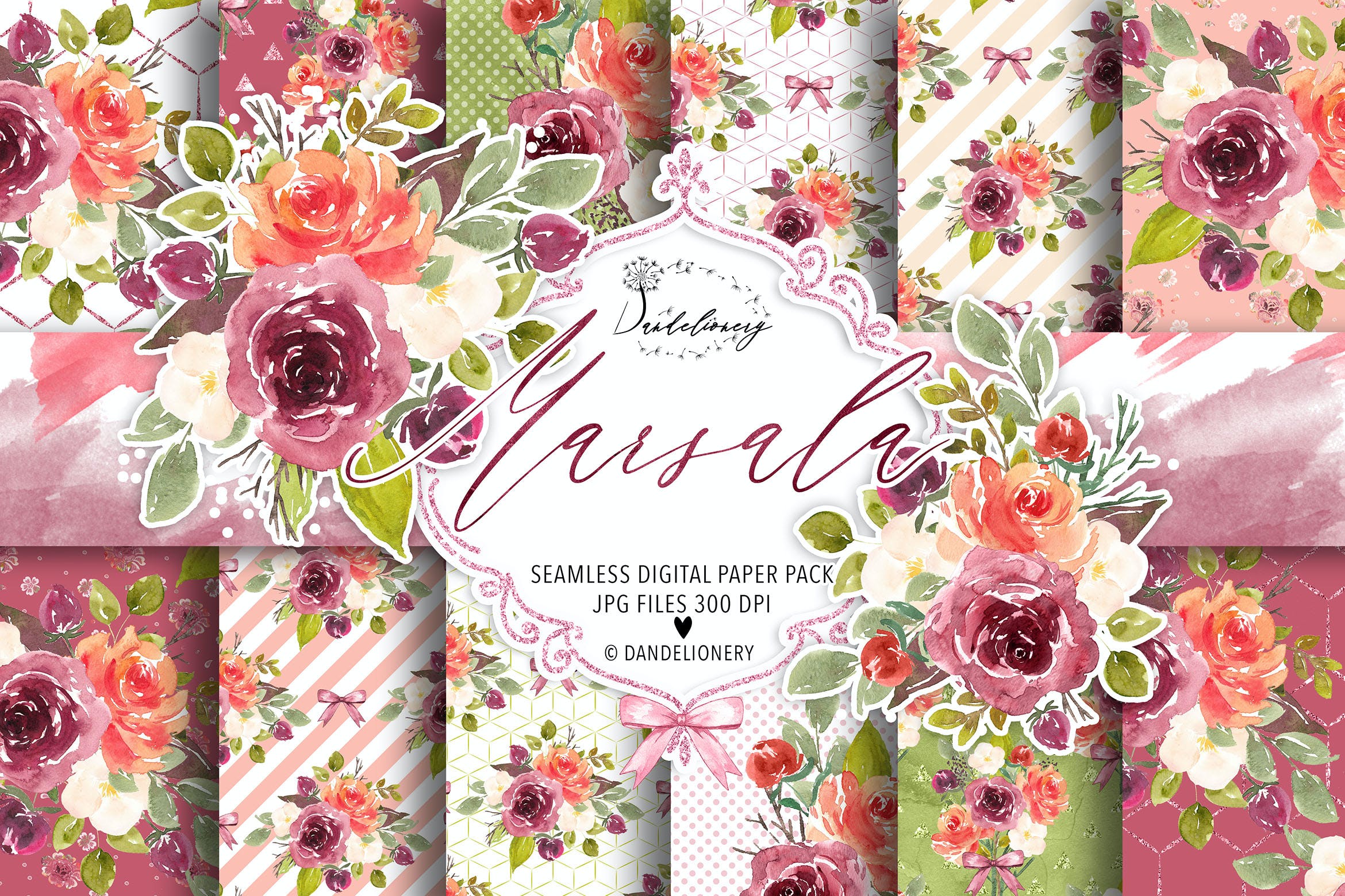 水彩玛萨拉酒红色数码纸图案设计素材  Watercolor Marsala digital paper pack