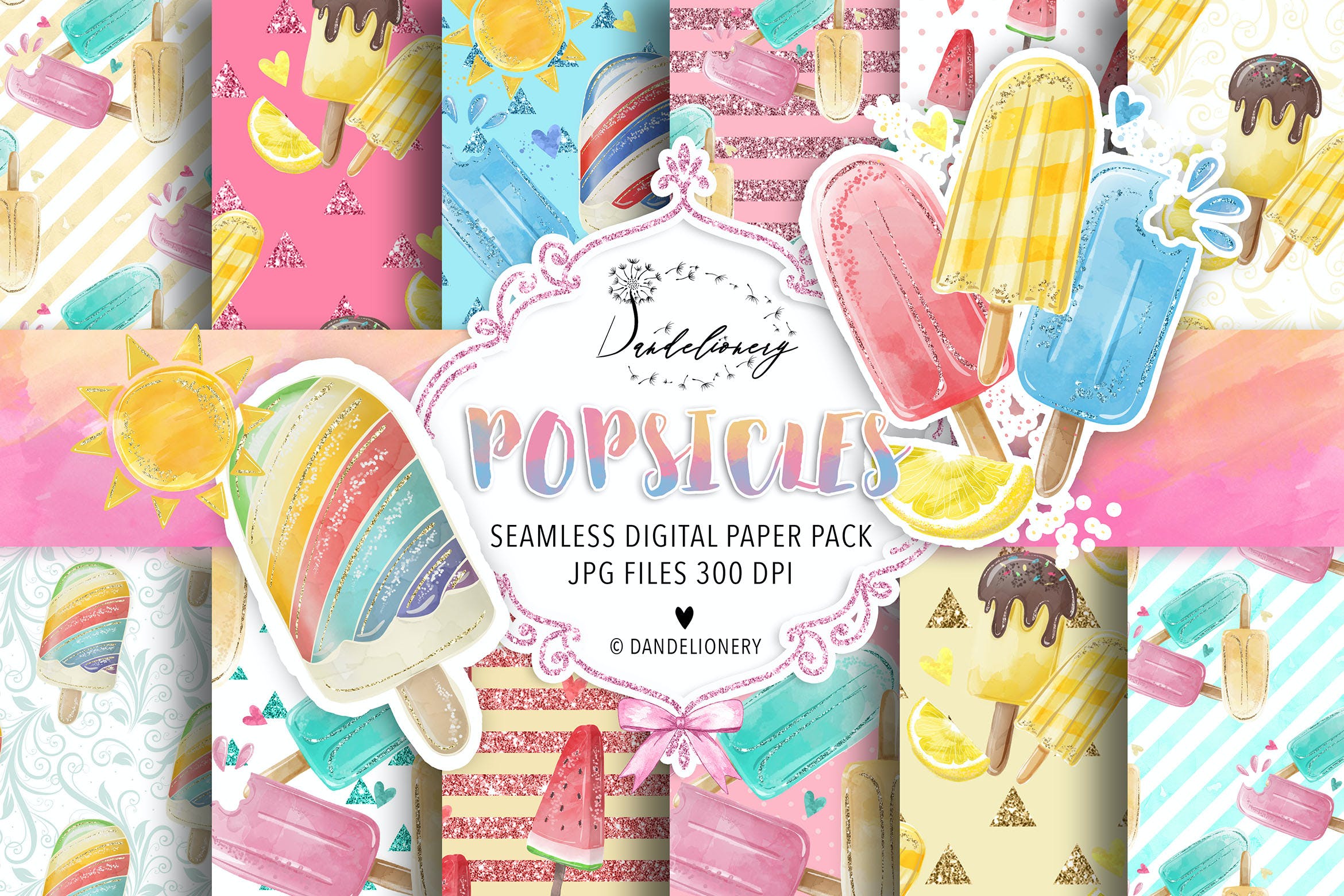 水彩冰棍数码纸图案素材包 Watercolor Popsicles digital paper pack