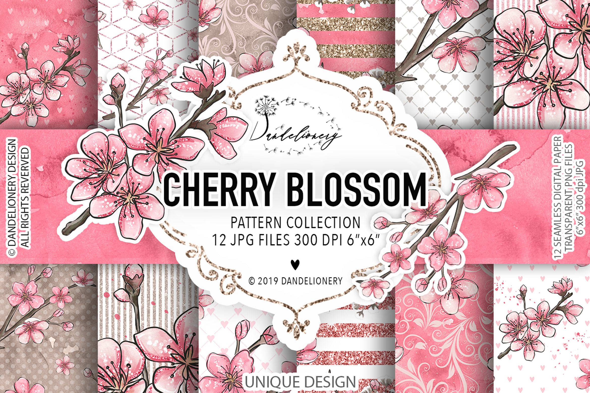 樱花水彩数码纸图案设计素材 Cherry Blossom digital paper pack