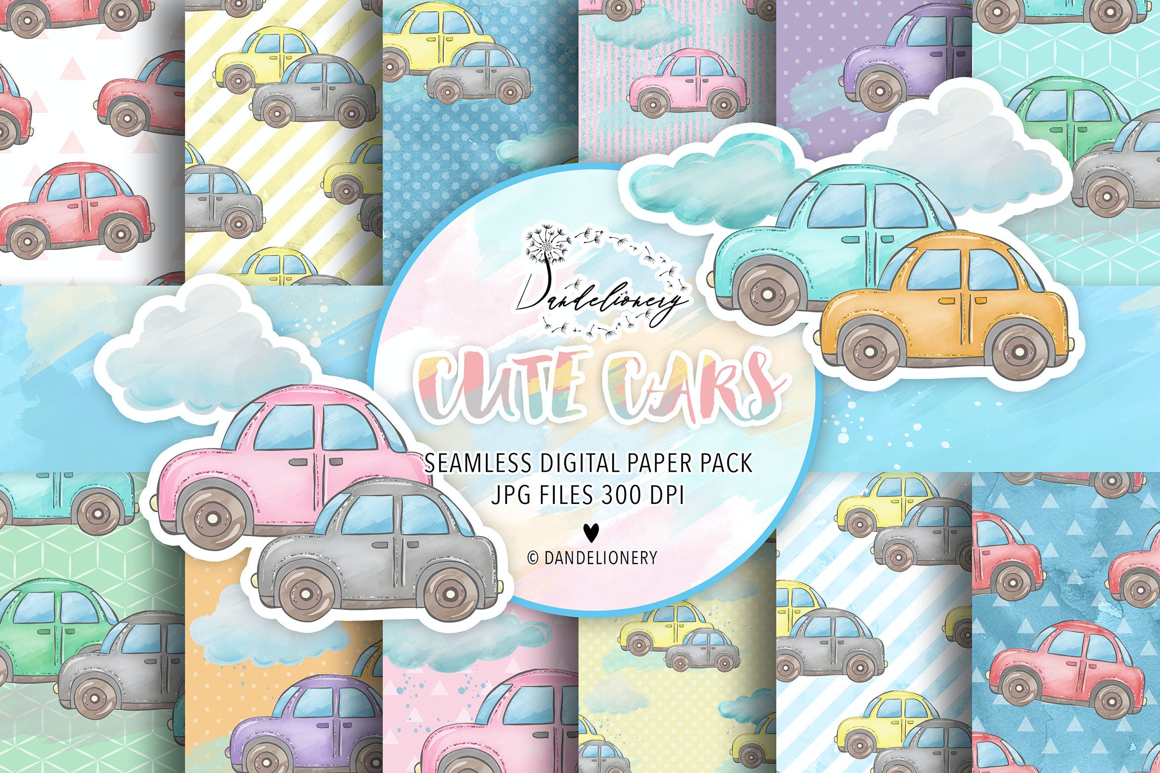可爱的卡通汽车数码纸背景素材 Cute Cars digital paper pack