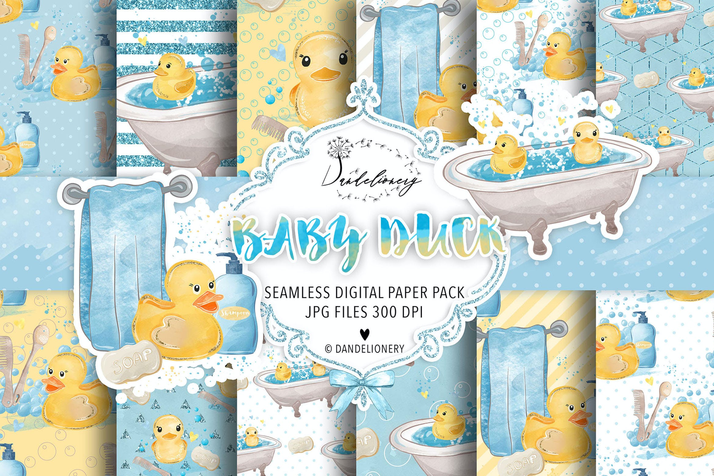 水彩小黄鸭宝宝数码纸图案素材包 Watercolor Baby Duck digital paper pack