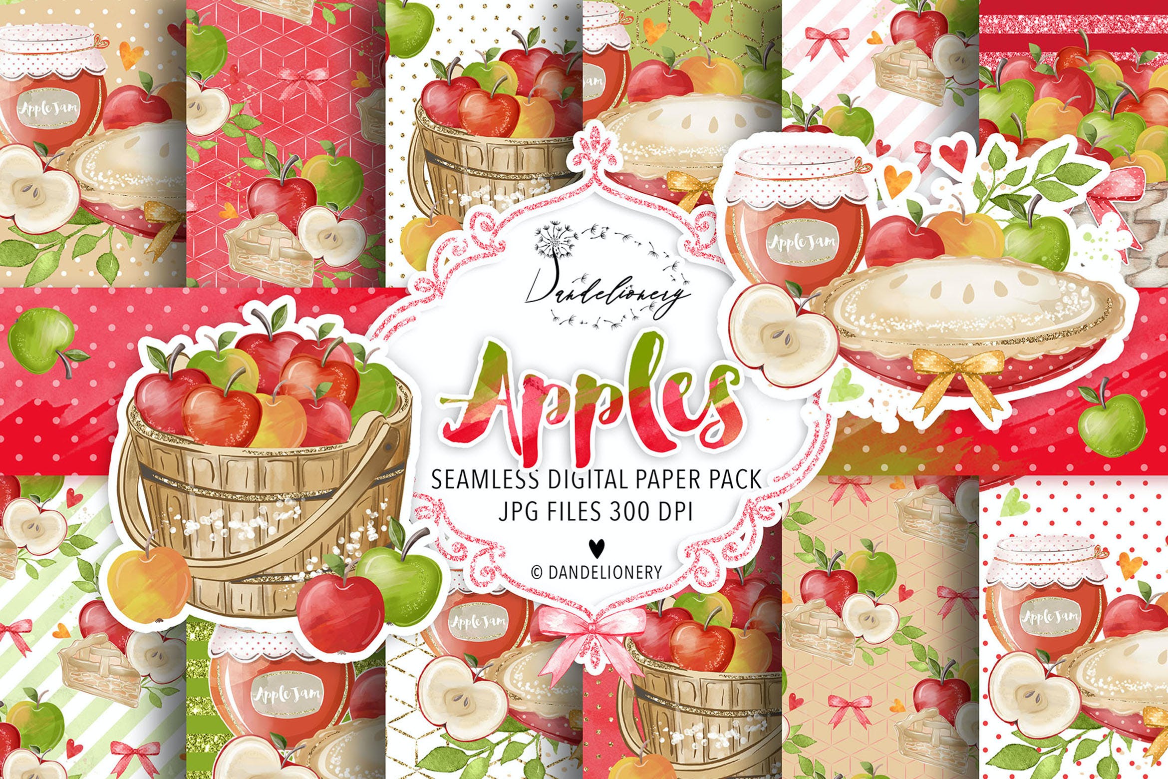 水彩苹果数码纸张图案设计素材  Watercolor Apples digital paper pack