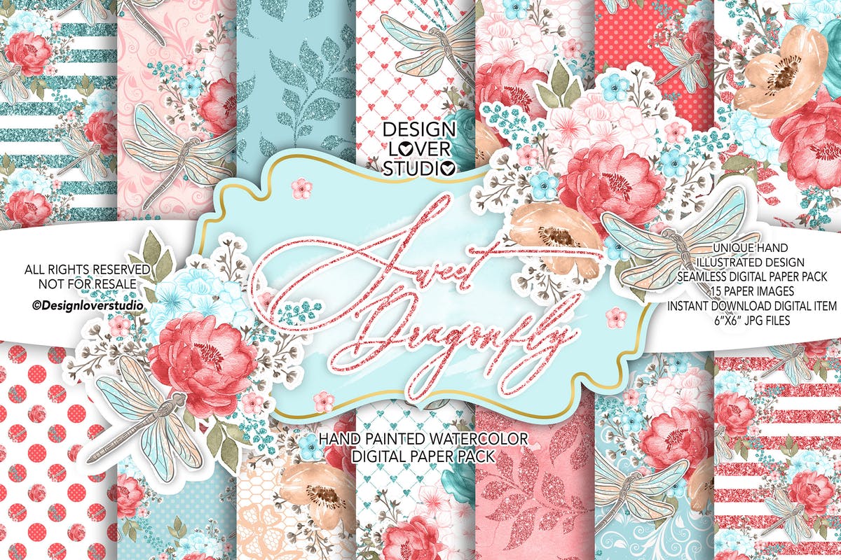 甜蜜蜻蜓水彩数码纸图案背景素材 Sweet dragonfly digital paper pack