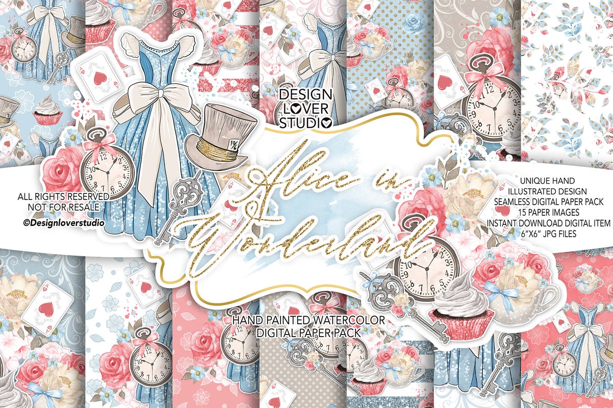 爱丽丝梦游仙境水彩数码纸图案素材 Alice in Wonderland digital paper pack