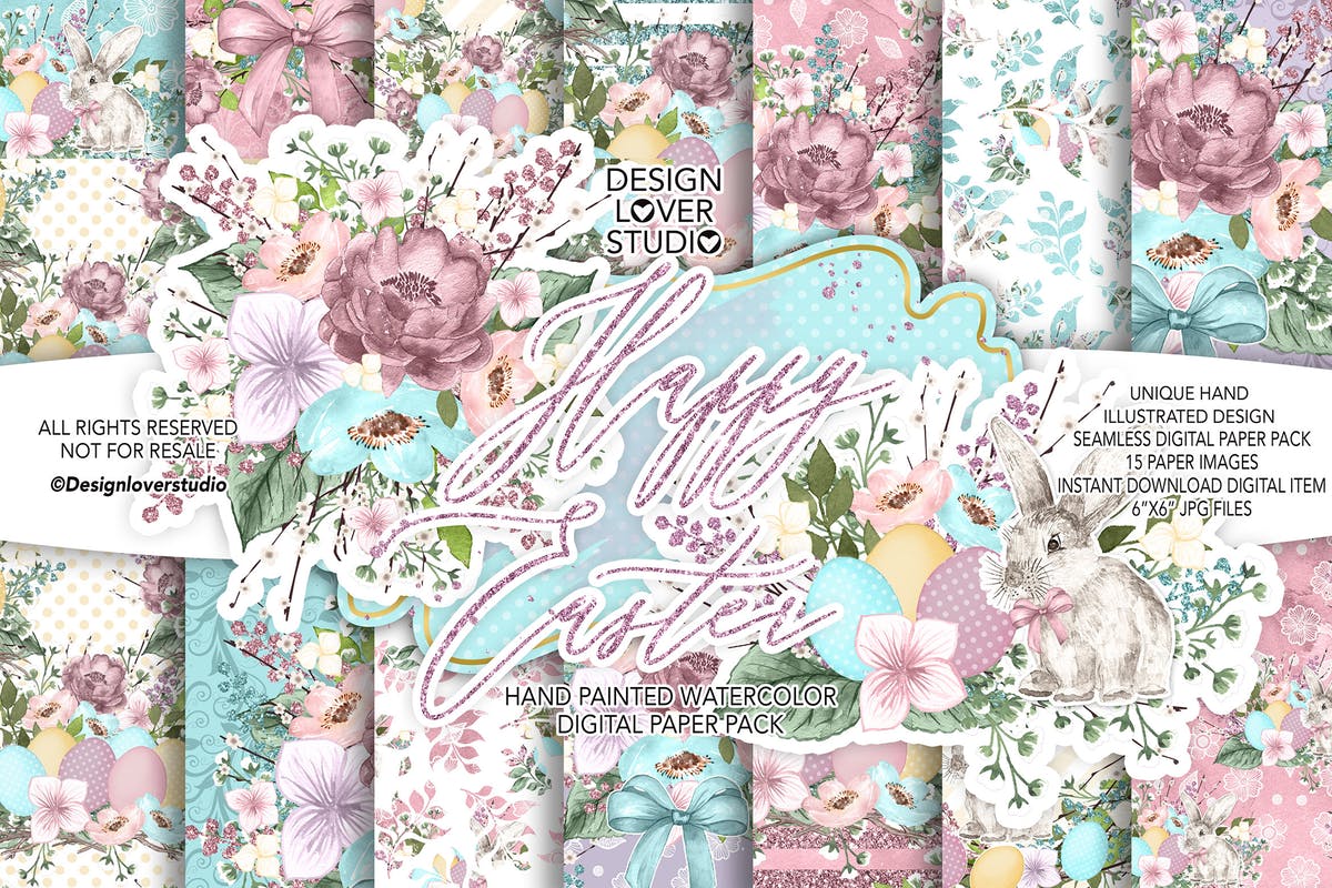 复活节快乐可爱数码纸图案设计素材 Happy Easter cute digital paper pack