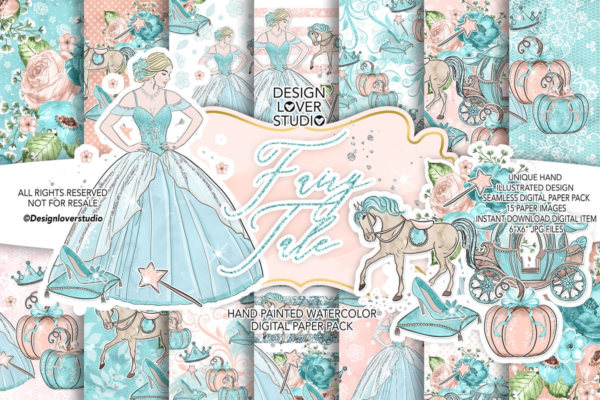 蓝色童话水彩数码纸图案设计素材 Fairy Tale digital paper pack