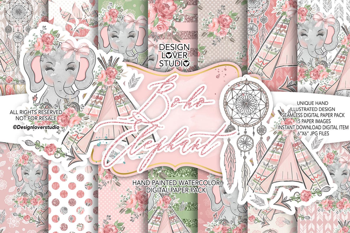 波西米亚风格可爱大象水彩数码纸设计素材 Boho Elephant Cute digital paper pack