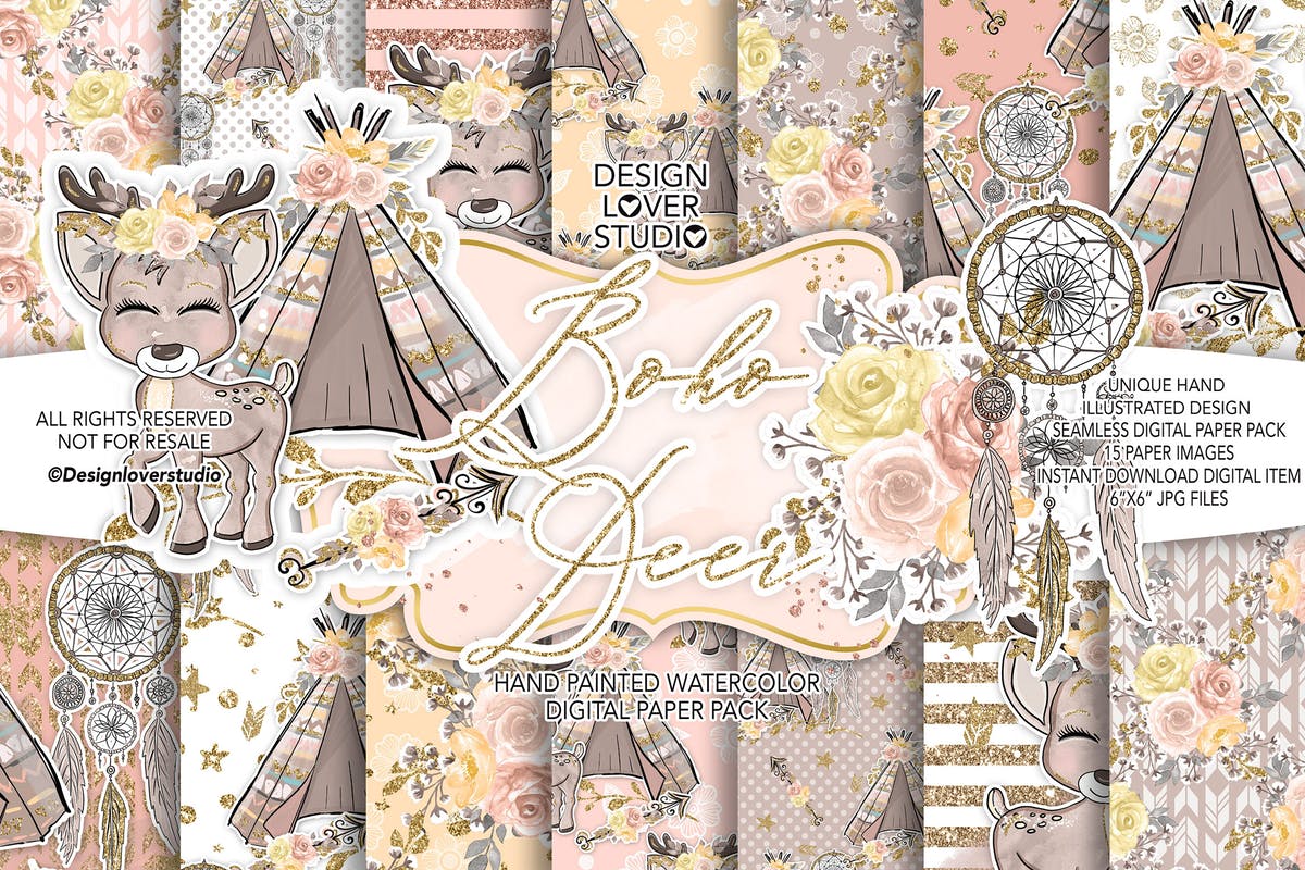 波西米亚风格可爱小鹿水彩数码纸设计素材 Boho deer Cute digital paper pack