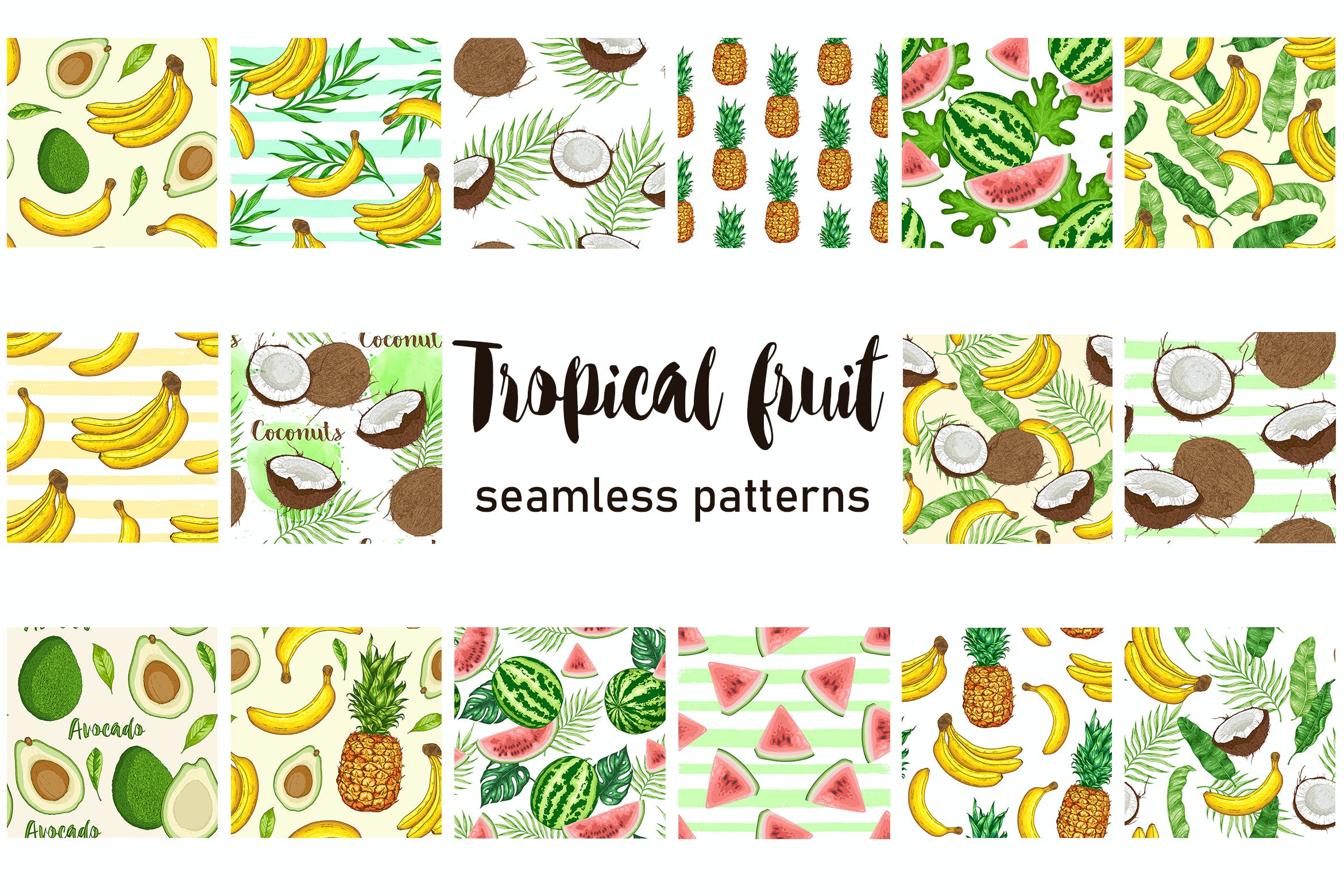 热带水果无缝图案背景素材 Tropical Fruit Seamless Patterns