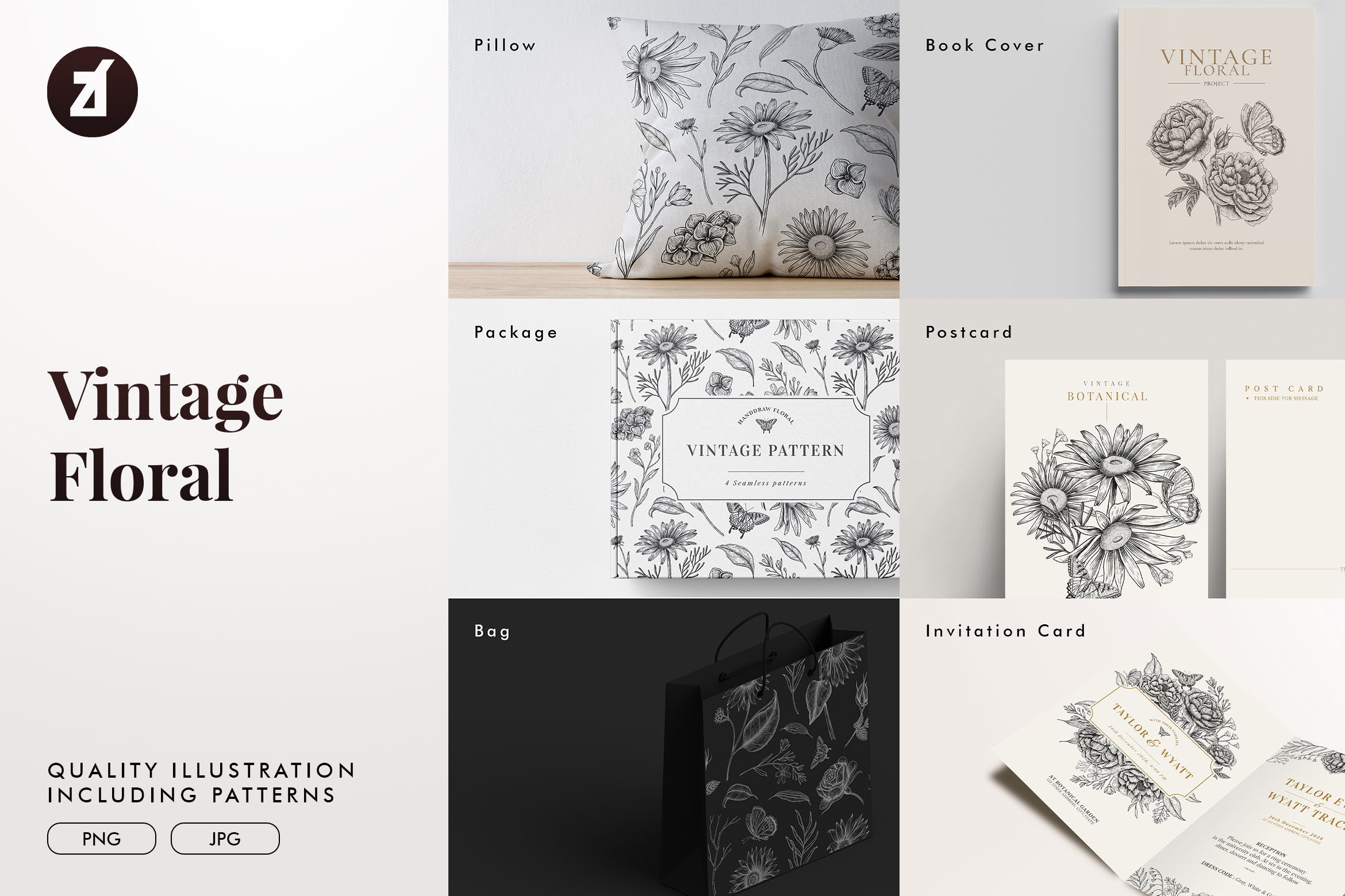 复古花卉插画元素和图案背景素材 Floral vintage illustration elements and pattern