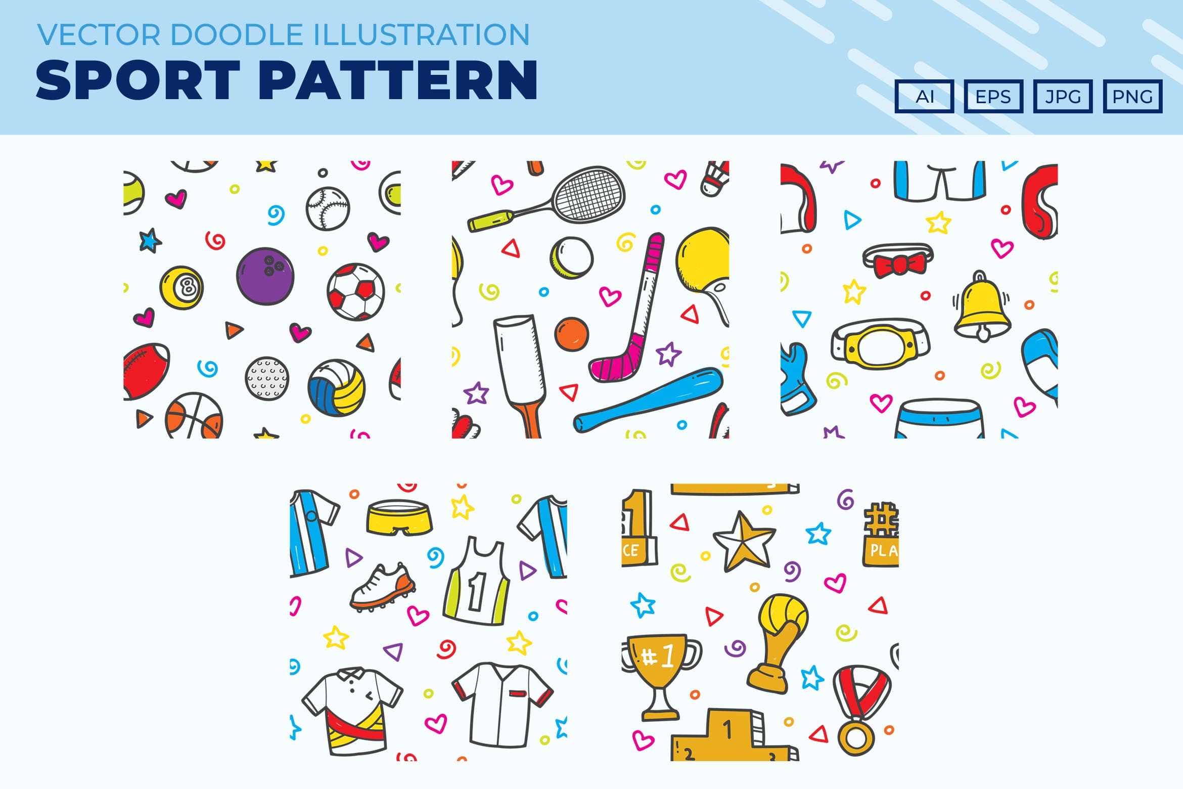 可爱彩色涂鸦风格体育用品主题图标合集 Sport icon pattern