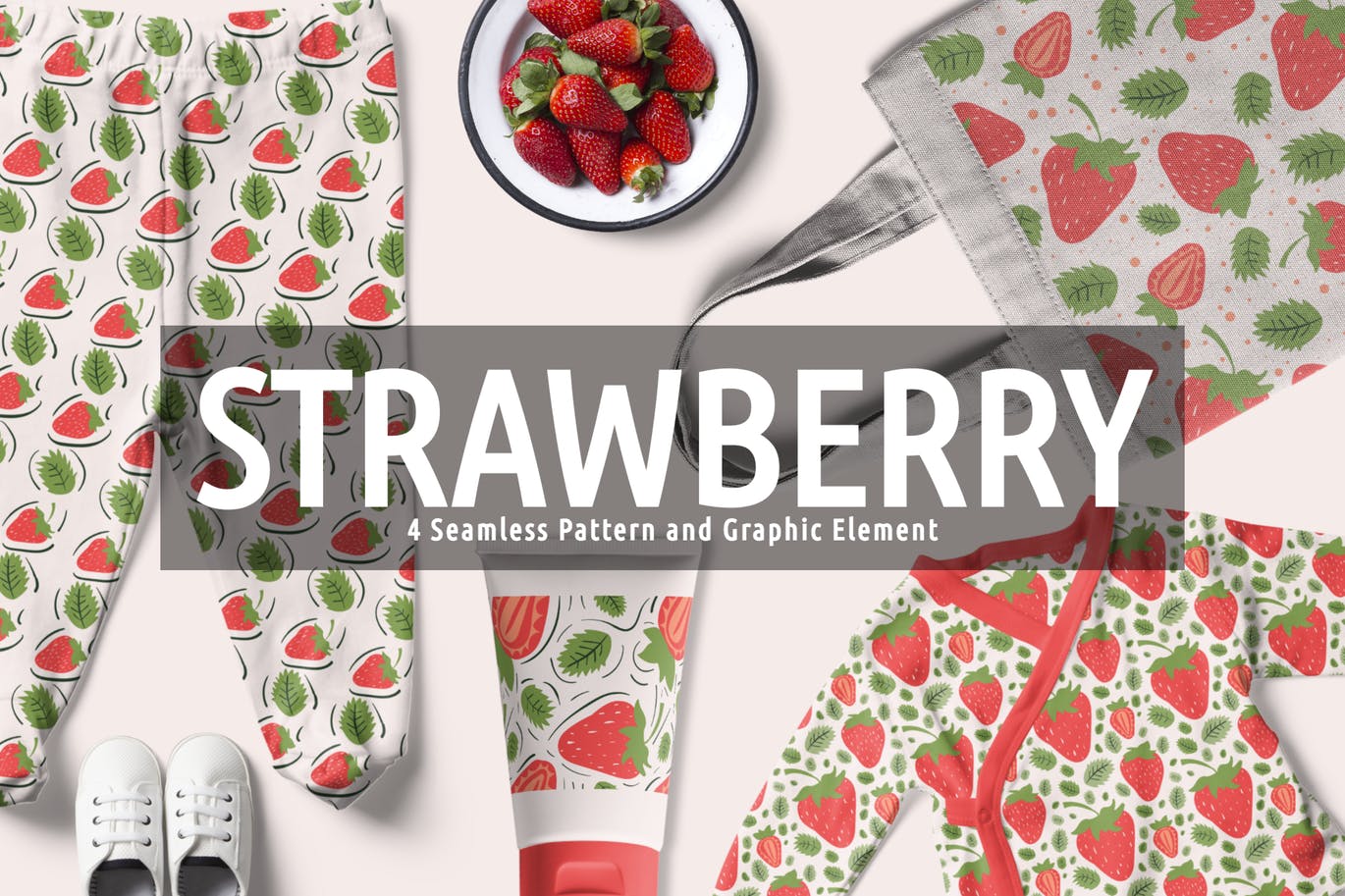 自然手绘卡通风格无缝草莓剪贴画 Strawberry Seamless Pattern And Graphic Element