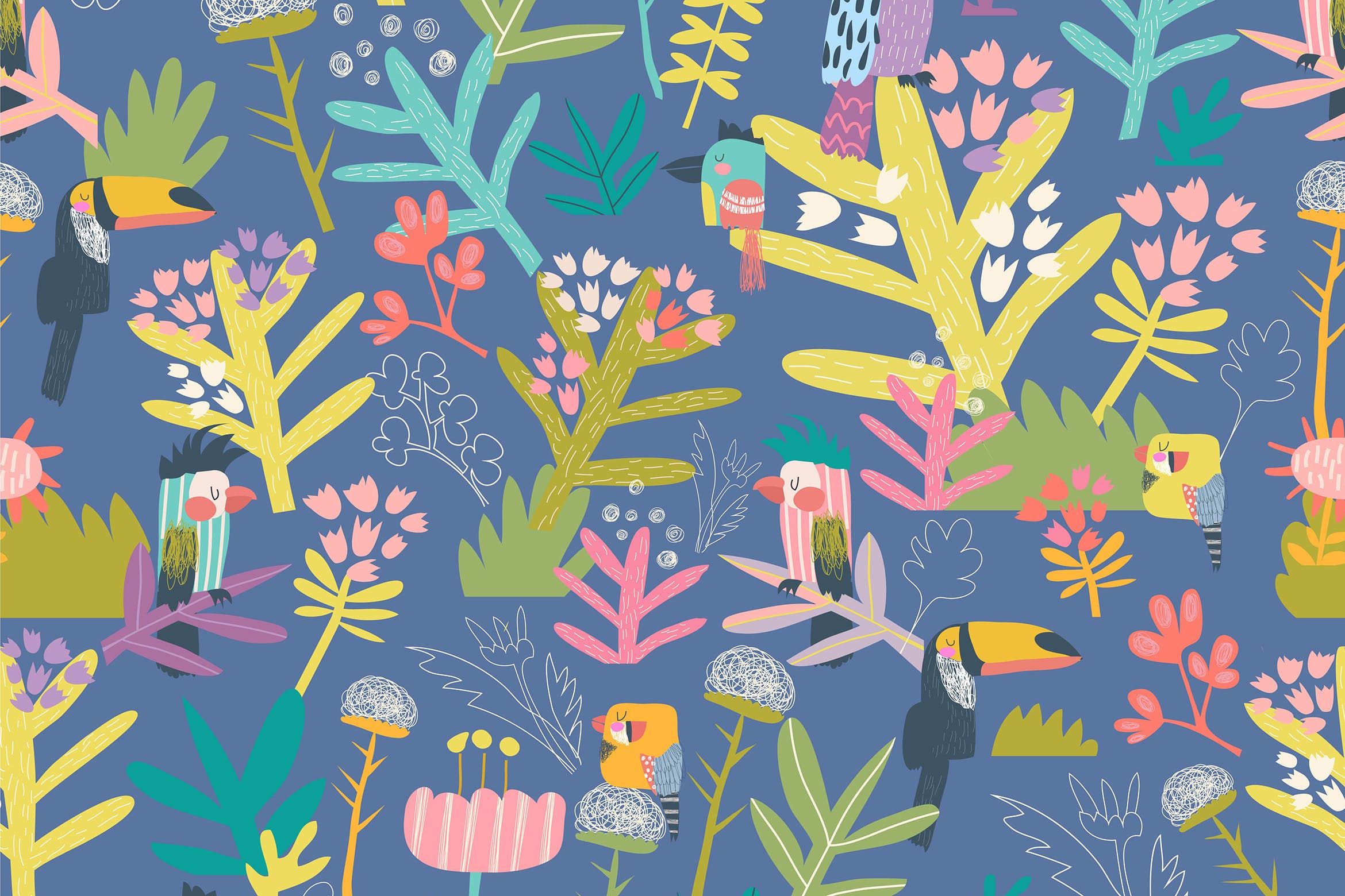 蓝色背景无缝花卉图案 Vector seamless floral pattern with birds on blue