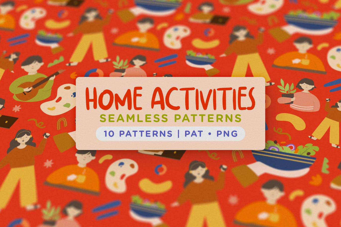 可爱趣味性居家活动主题无缝涂鸦图案 Home Activity Seamless Patterns