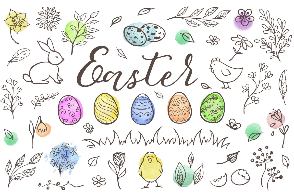 复活节矢量水彩装饰元素&涂鸦插图工具包 Easter Design Elements and Patterns