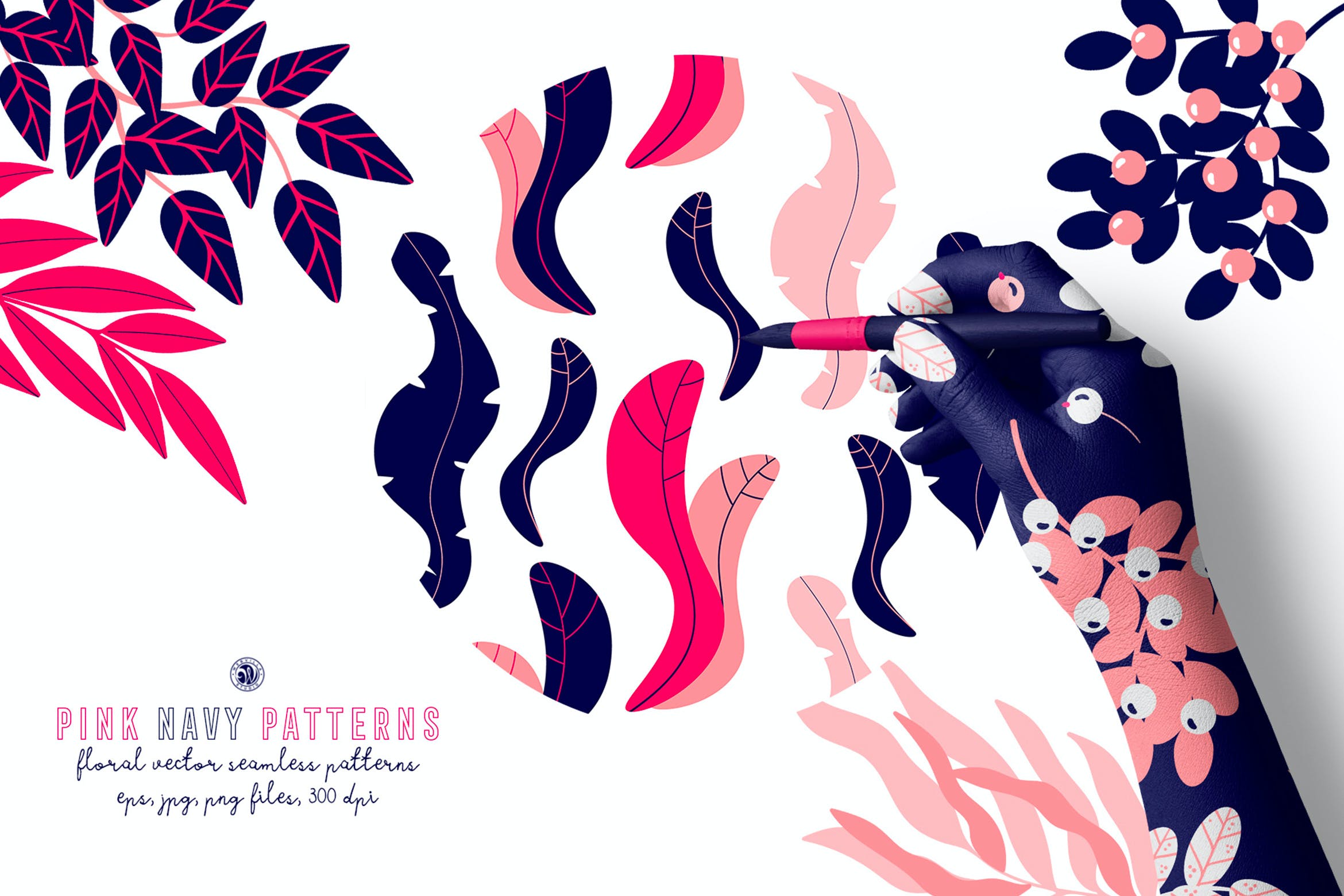 粉色＆海军蓝水彩手绘矢量纹样图案素材 Pink Navy Vector Patterns