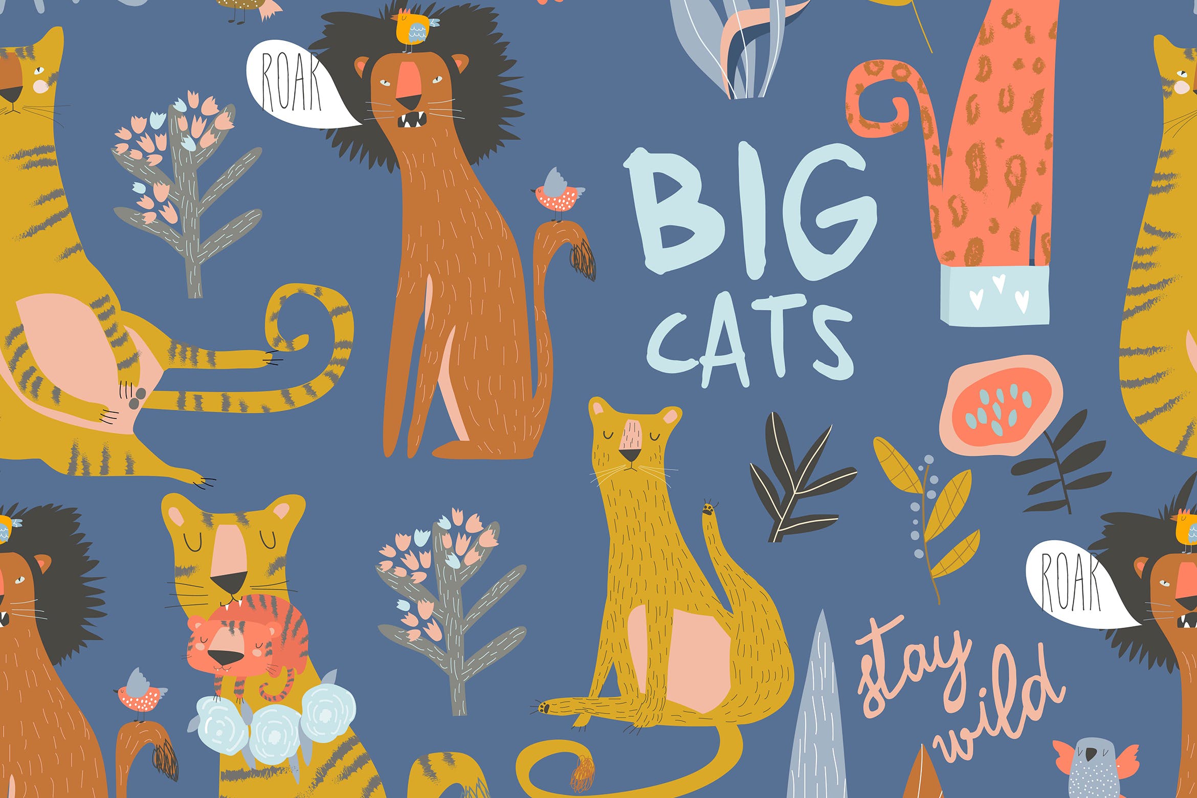 野猫/狮子/老虎卡通手绘无缝图案背景素材 Seamless pattern of cartoon wild cats. Lion,tiger,