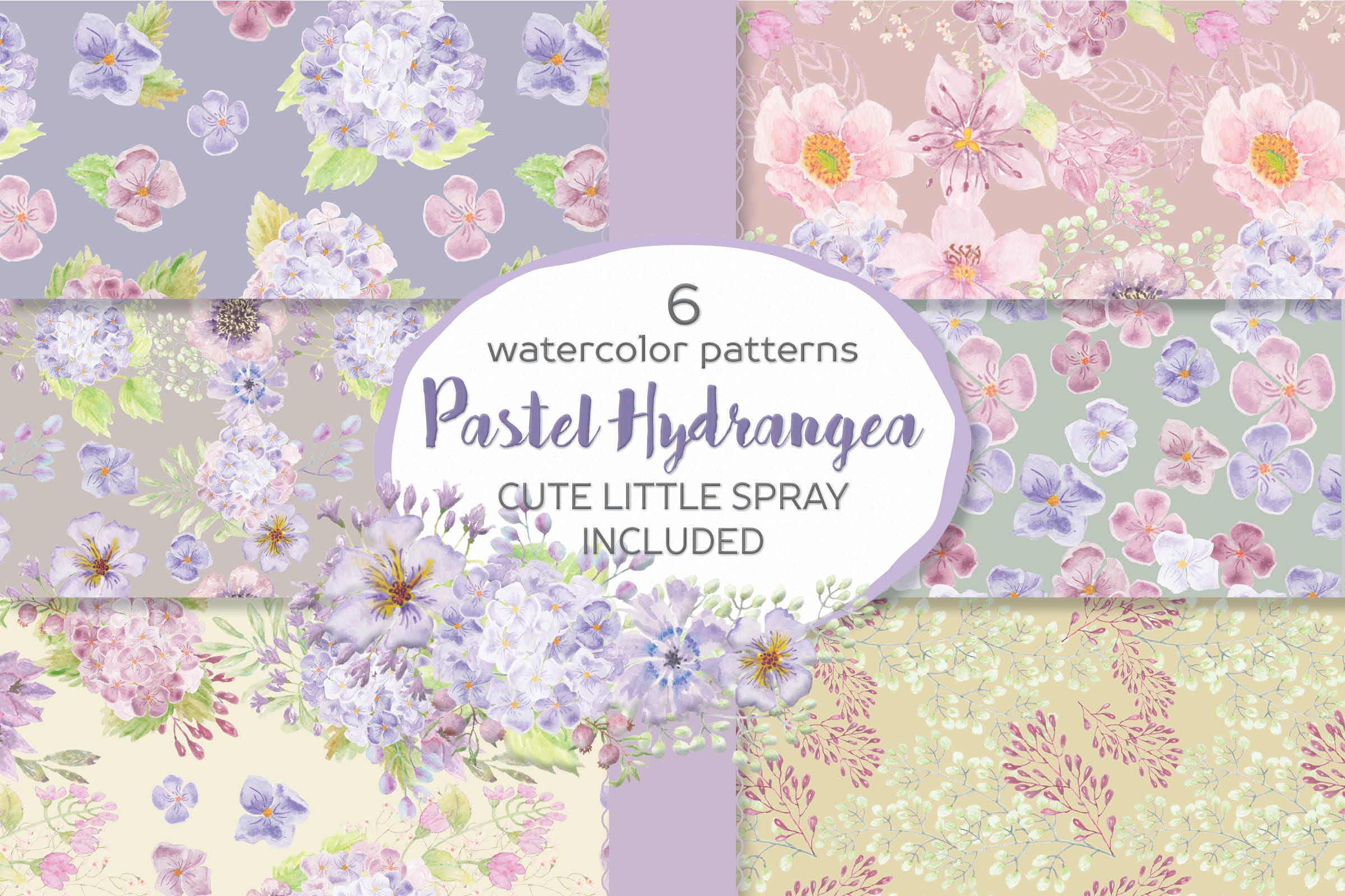 淡雅风格水彩花卉无缝图案背景素材 Pastel Hydrangea Watercolor Patterns