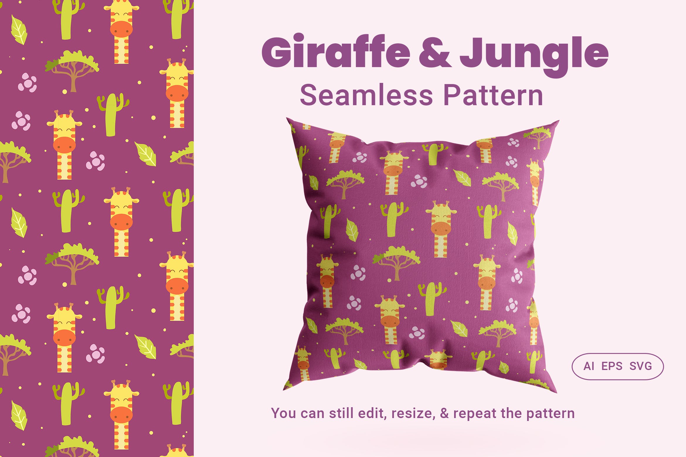 高级印花系列-长颈鹿与丛林手绘四方连续图案纹样素材 Seamless Pattern Jungle