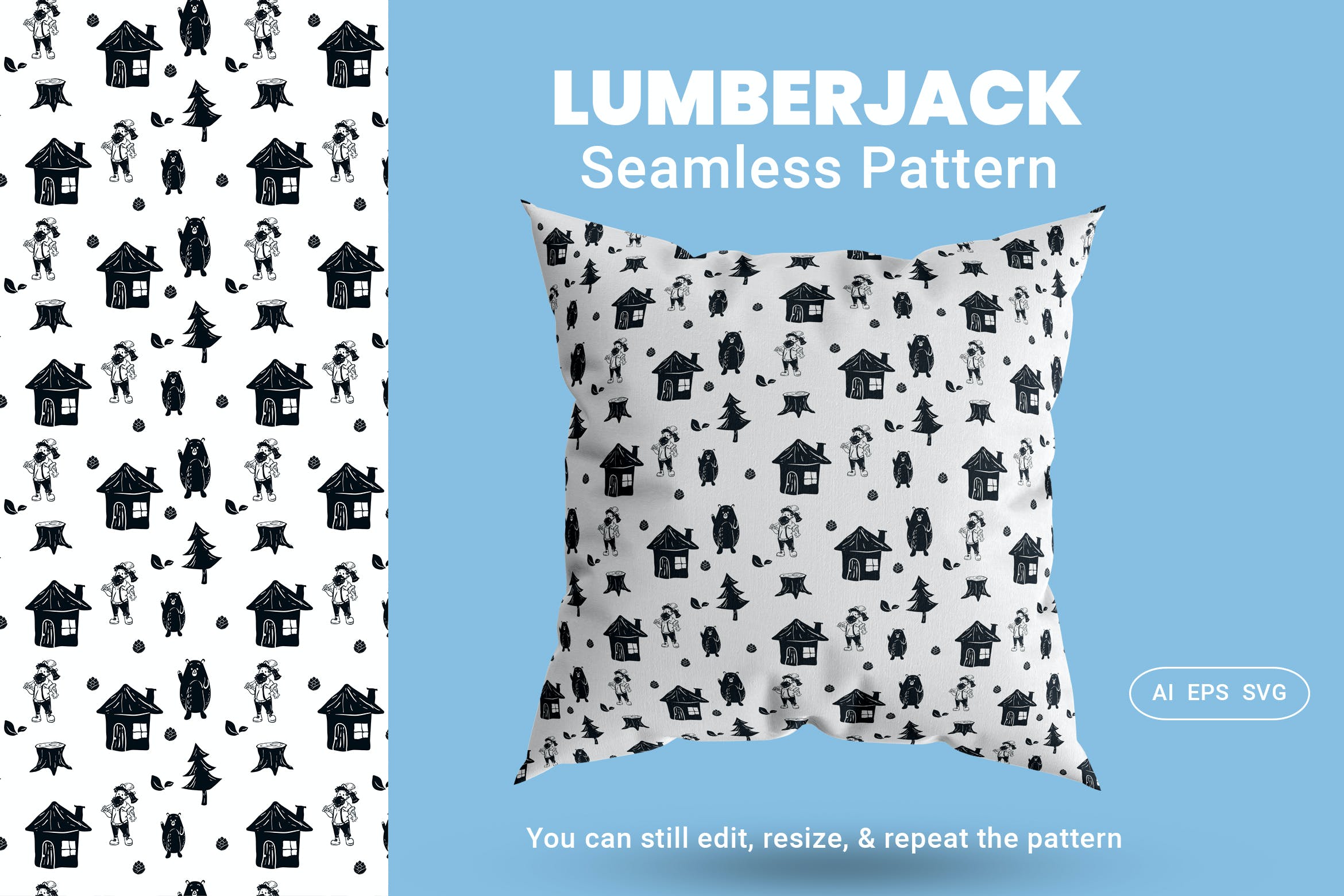 高级印花系列-伐木工森林主题手绘四方连续图案纹样素材 Seamless Pattern Lumberjack