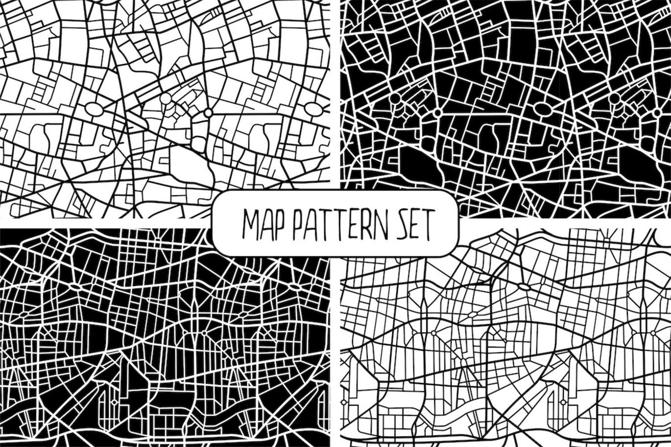 双色调城市街道无缝地图集 Seamless Map Pattern Set