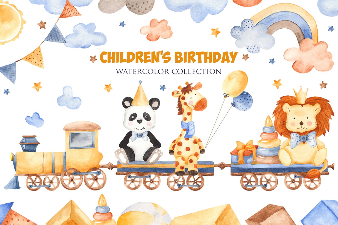 儿童主题动物水彩生日派对剪贴画/卡片/图案素材包 Watercolor Children’s Birthday. Clipart, cards …