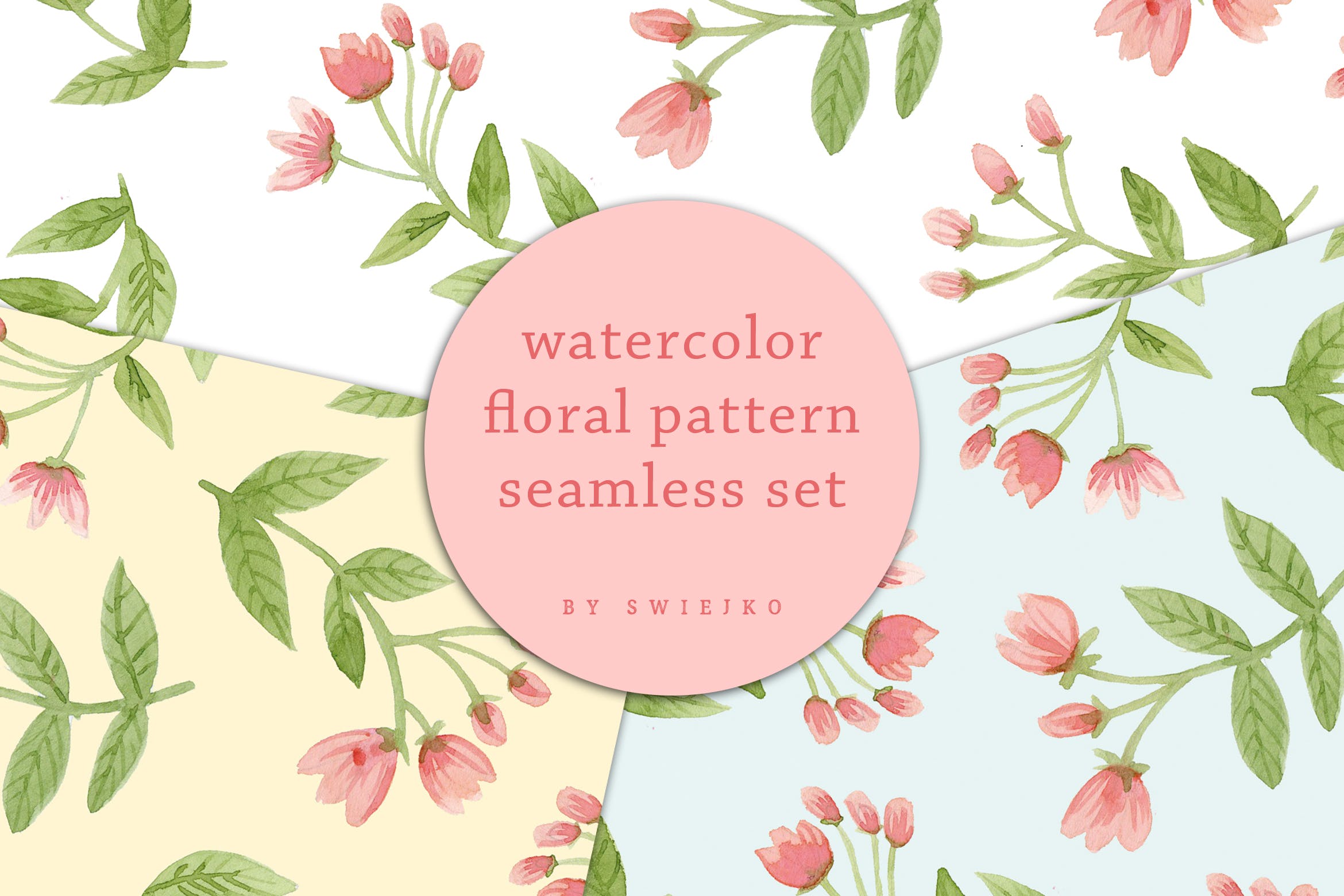 水彩花卉无缝图案背景素材 Delicate Flowers – seamless watercolor pattern set