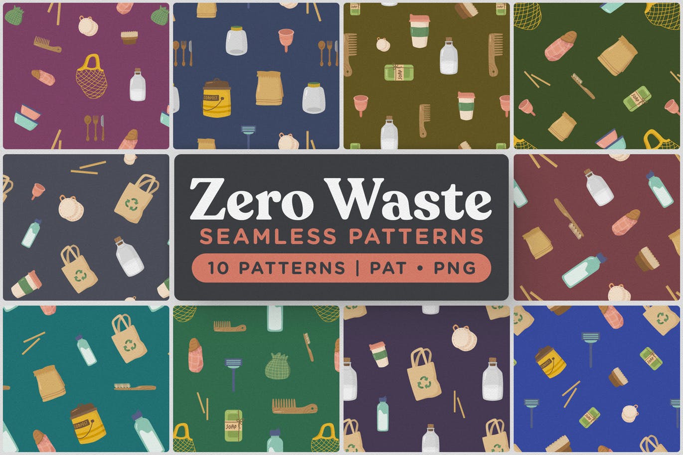 环保餐具环保主义主题无缝图案背景素材 Zero Waste Seamless Patterns