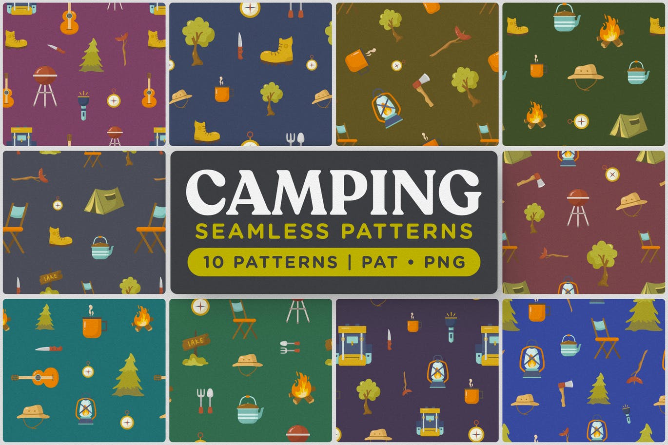 户外露营图案无缝背景素材 Outdoor Camping Seamless Patterns
