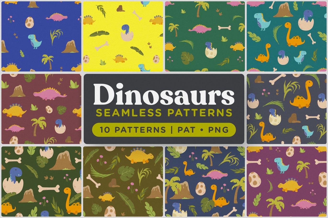 可爱恐龙手绘无缝图案背景素材 Cute Dinosaurs Seamless Patterns