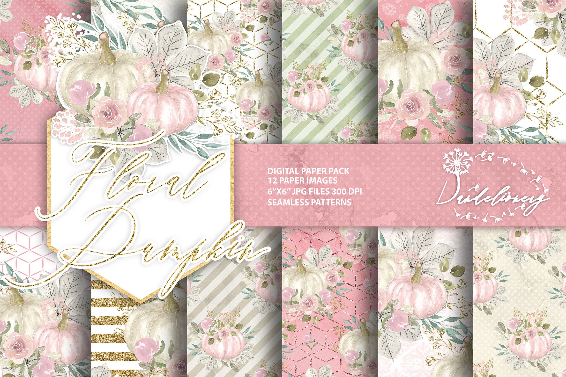 花卉&南瓜水彩手绘图案纸张设计素材 Floral pumpkin digital paper pack