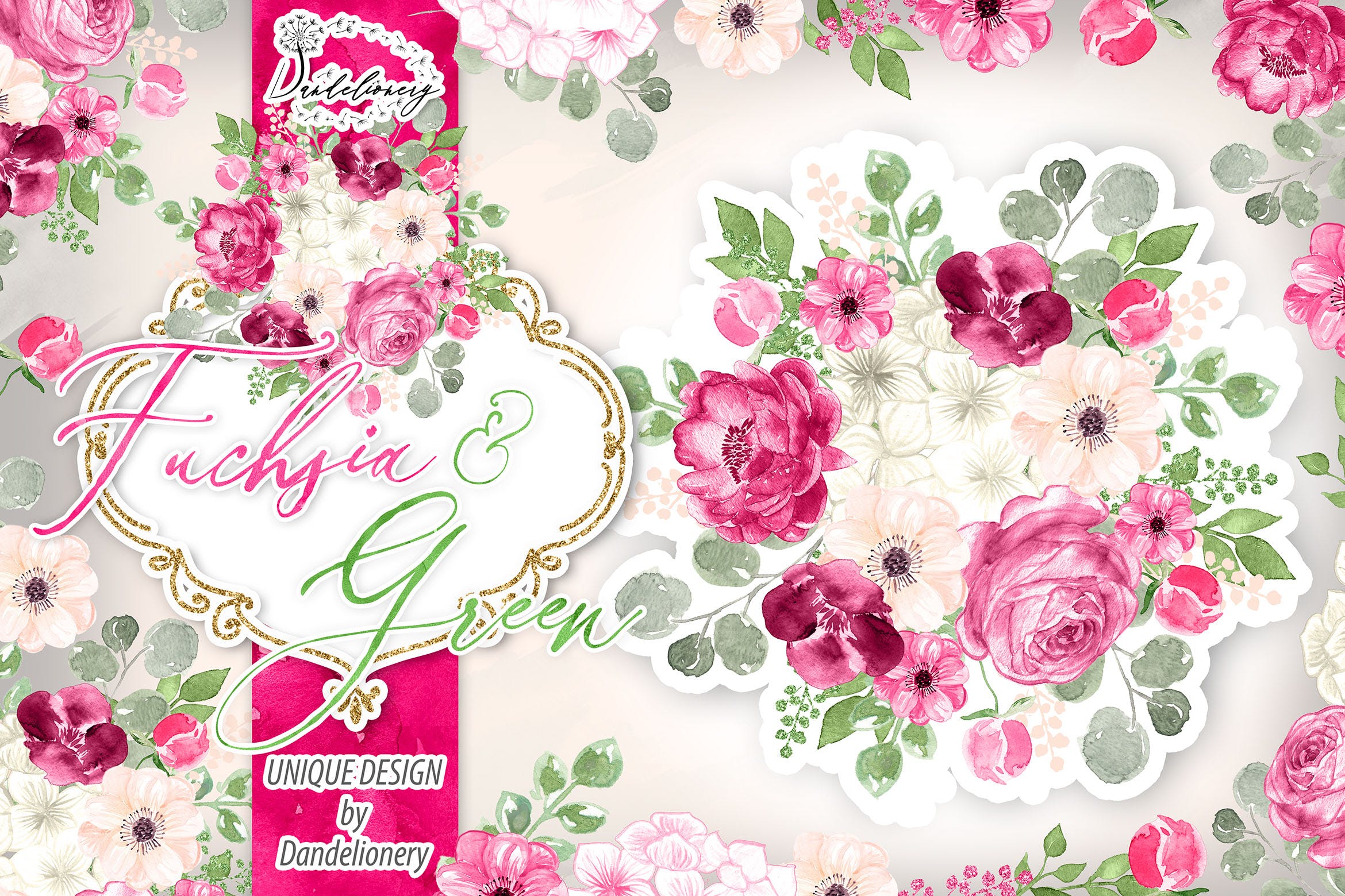 紫红色与绿色水彩手绘图案设计素材 Watercolor Fuchsia And Green design