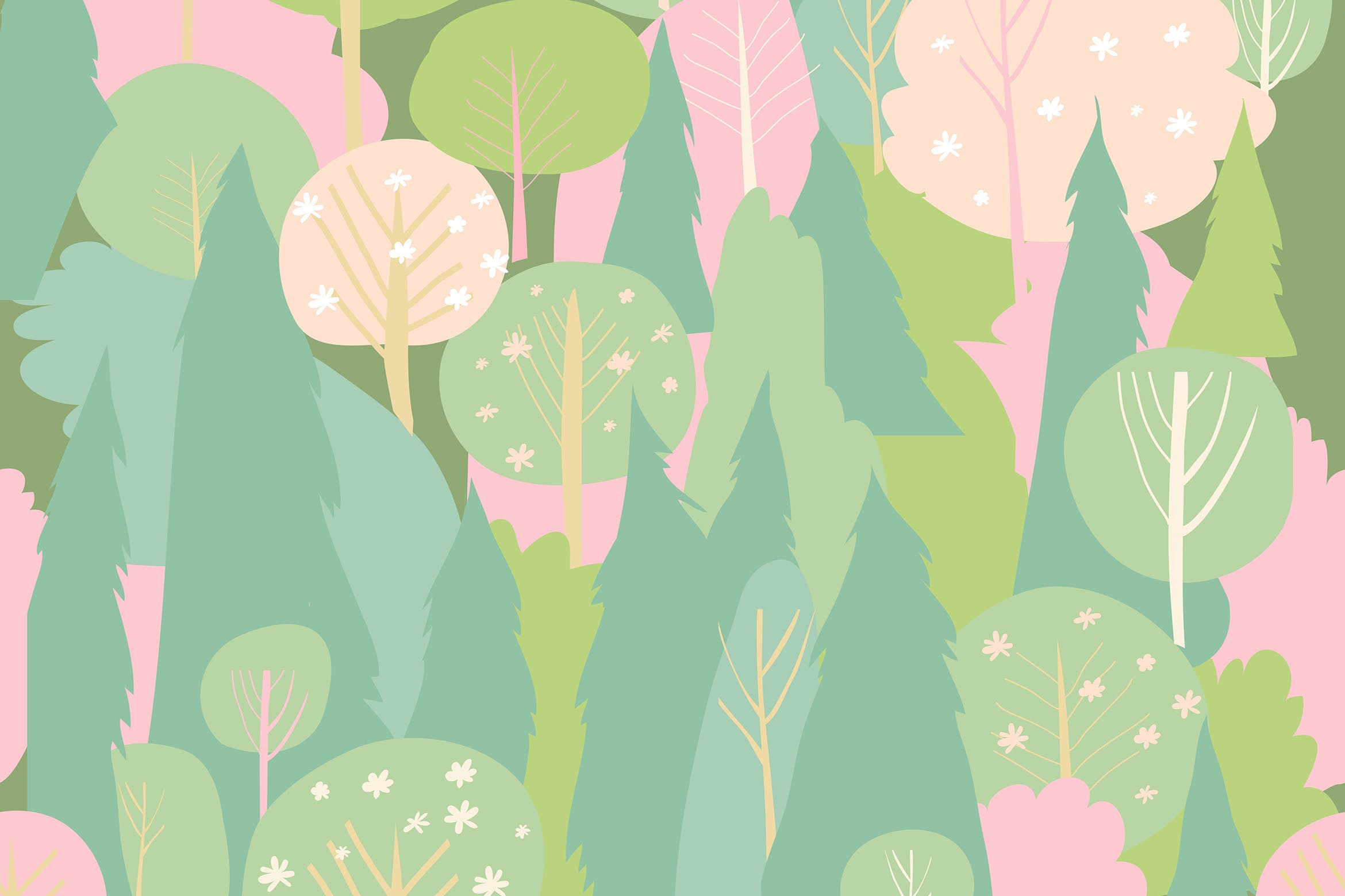鲜花盛开的森林无缝水彩图案背景素材 Seamless vector blossom forest pattern. Spring bac