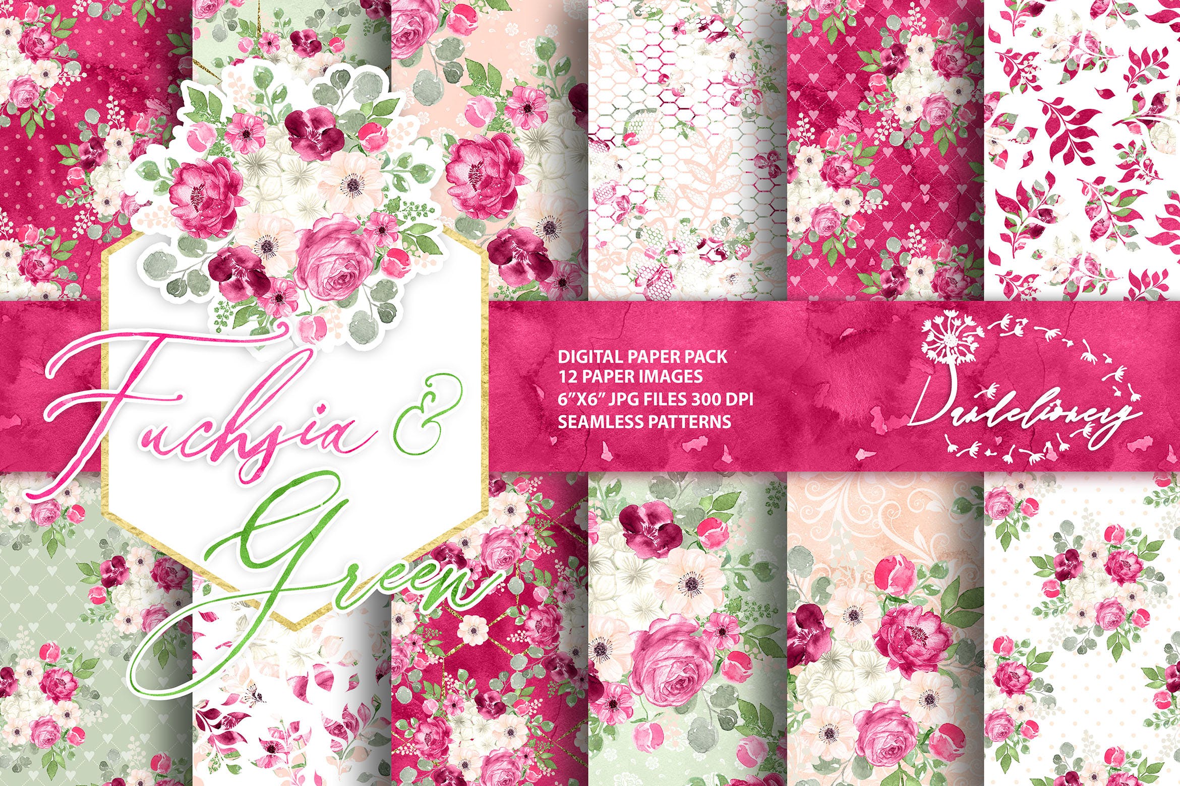 紫红色&绿色水彩手绘图案数码纸张设计素材 Watercolor Fuchsia And Green digital paper pack