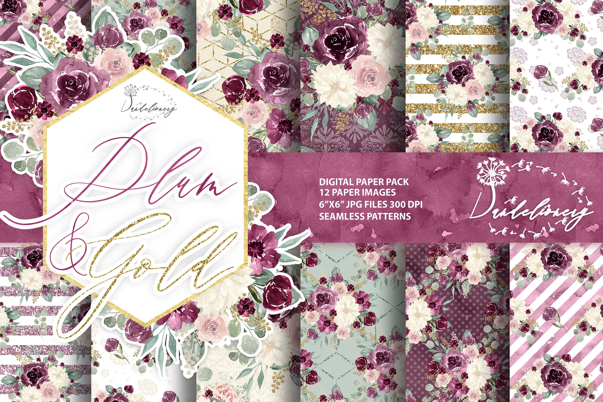 紫红色&金色水彩手绘花卉图案数码纸张设计素材 Watercolor Plum and Gold digital paper pack