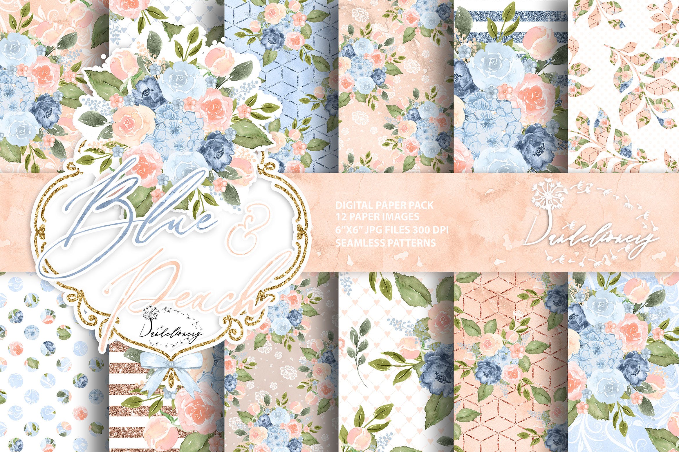 蓝色桃色水彩手绘图案数码纸张设计素材 Watercolor Blue Peach digital paper pack