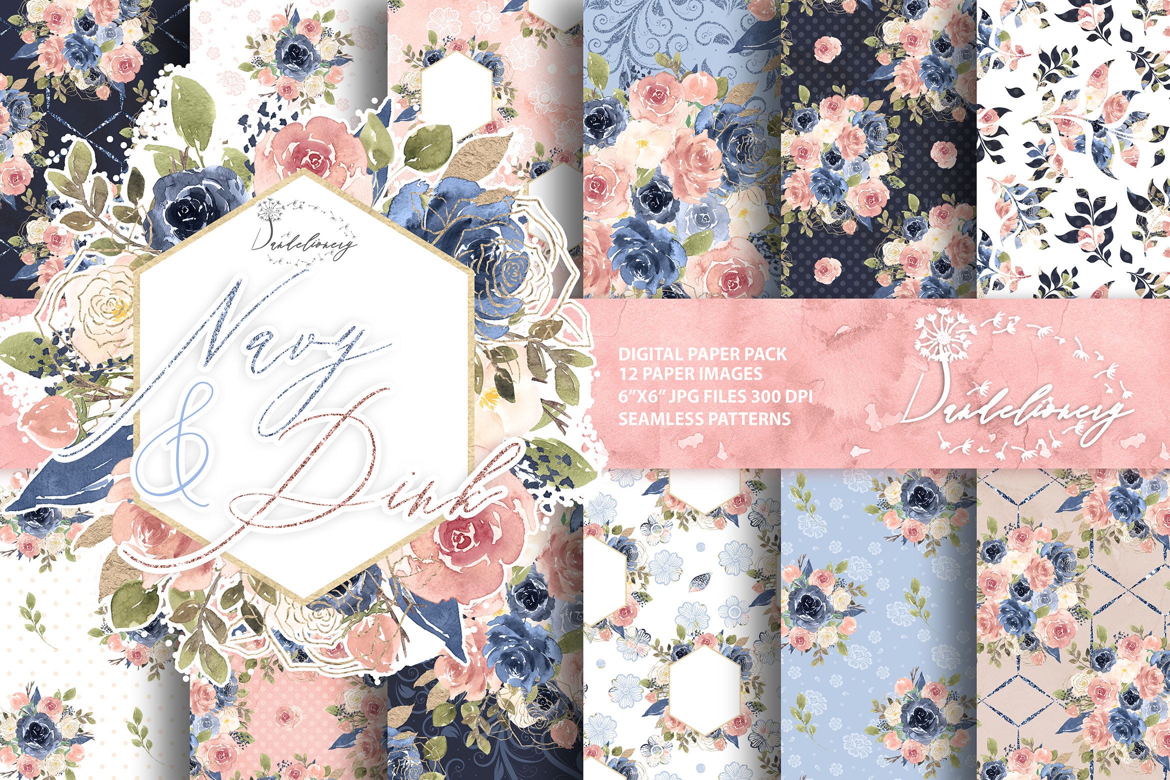 海军蓝和粉色水彩数码纸张设计素材 Watercolor Navy and Pink digital paper pack