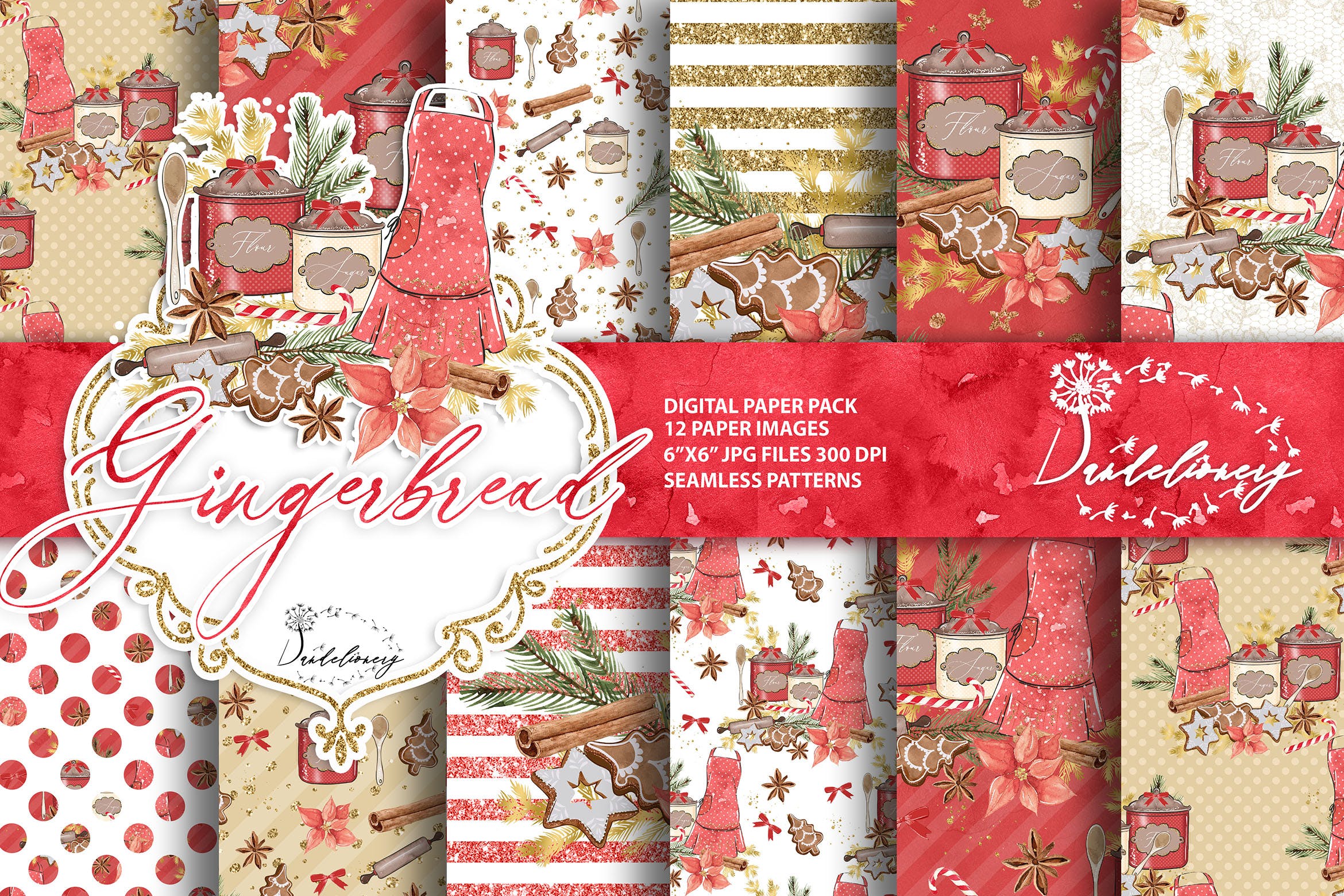 圣诞节&姜饼数码纸张背景素材 Christmas Gingerbread digital paper pack