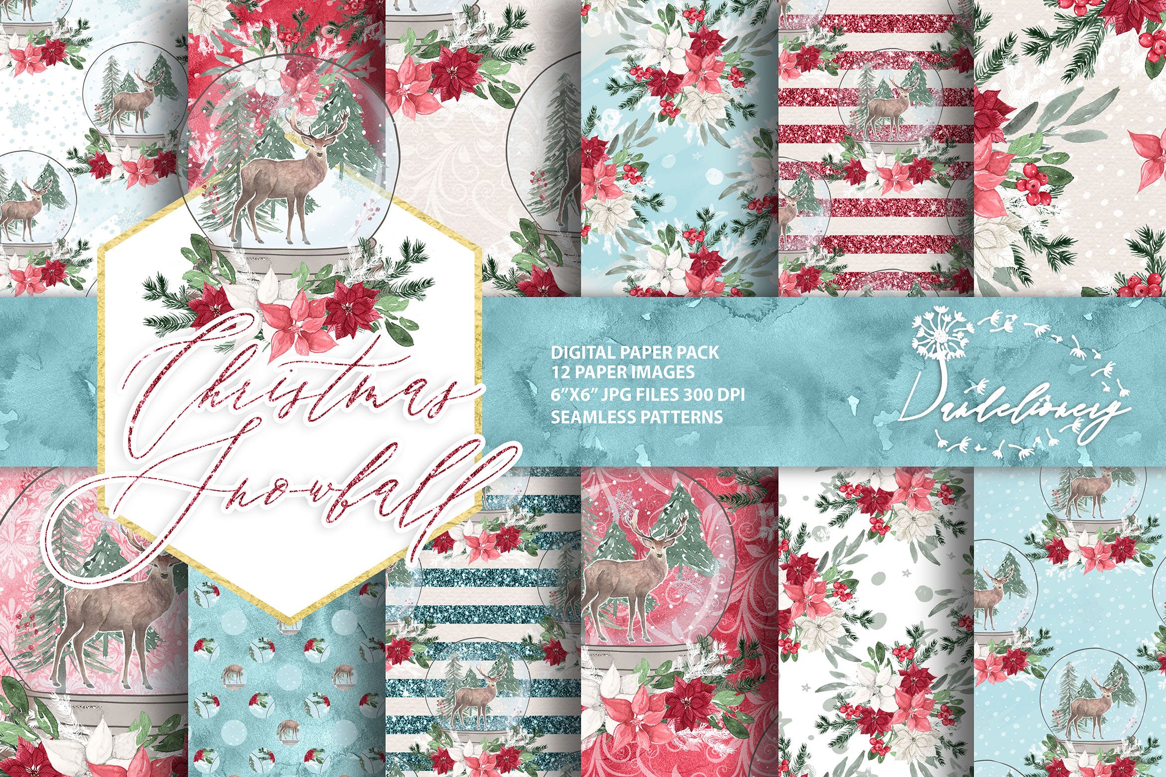 圣诞节主题雪球水彩手绘图案数码纸张设计素材 Christmas Snowball digital paper pack