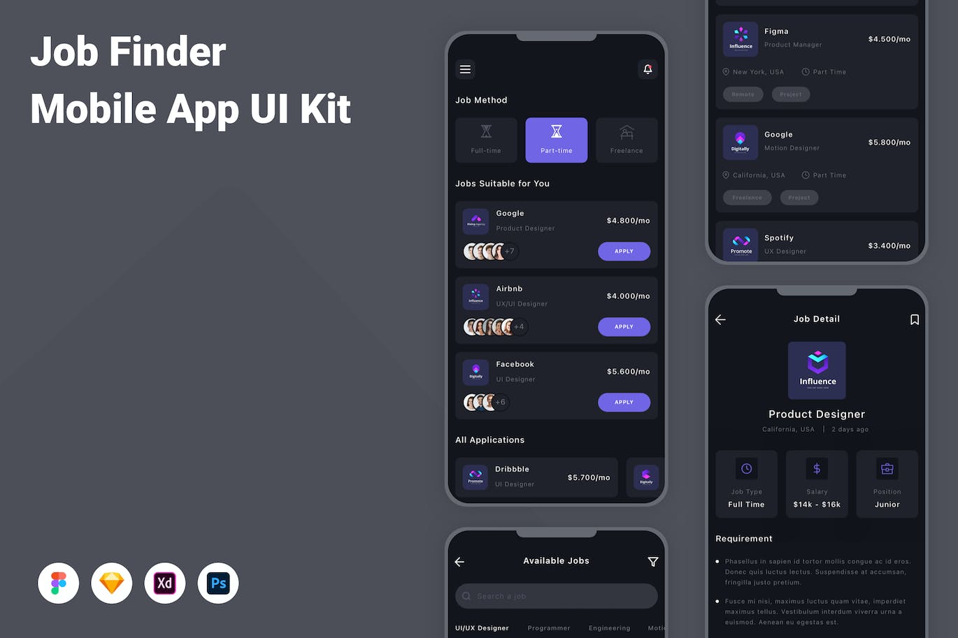 现代设计趋势设计的找工作 App UI Kit