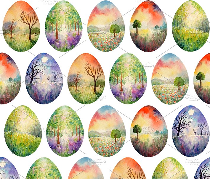 水彩景观复活节彩蛋图案素材 Landscape Easter Eggs Pattern