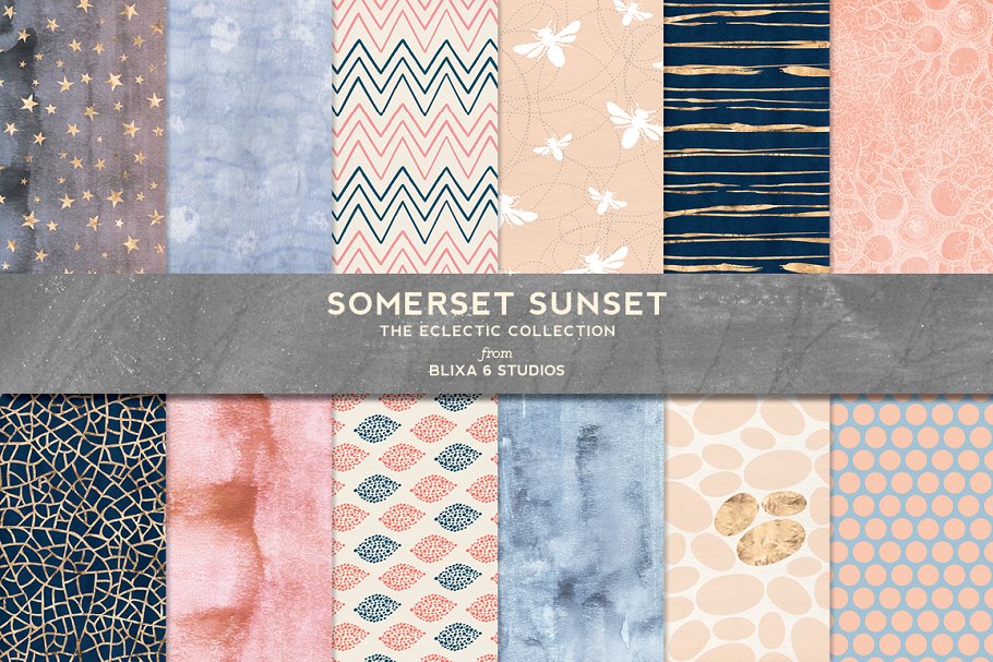 一组柔和温暖的水彩画背景纹理  Somerset Sunset Gold & Watercolors