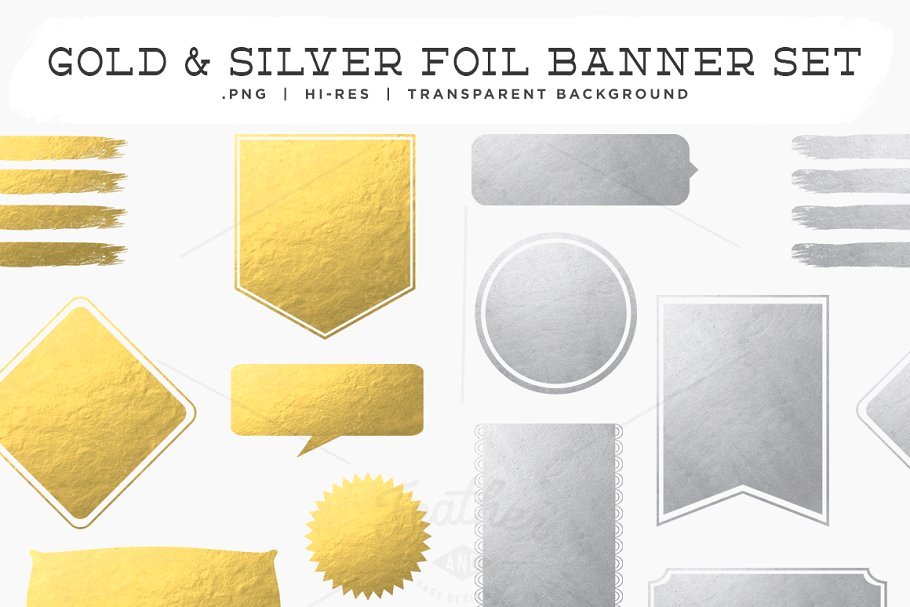 金银箔PNG横幅背景素材  Gold & Silver Foil PNG Banners