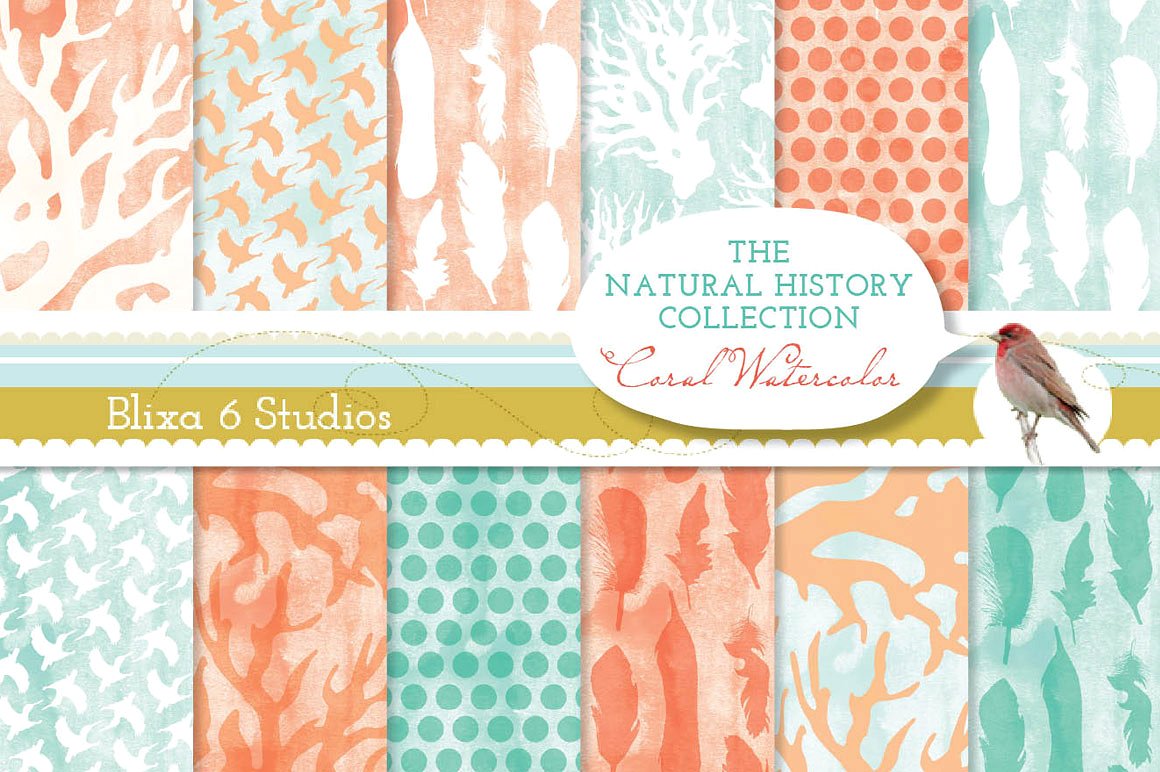 珊瑚水彩水彩纹理纸质背景 Coral Watercolor Digital Papers