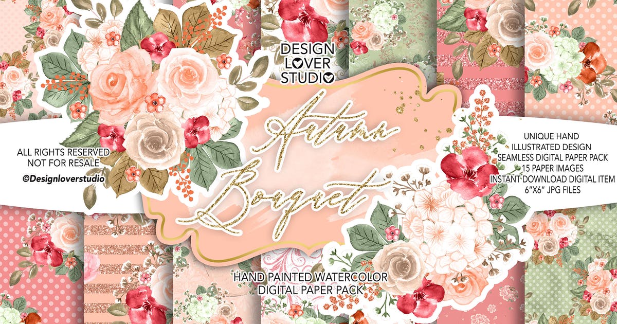 秋季主题水彩花卉无缝图案纹样设计素材合集 Autumn Bouquet digital paper pack